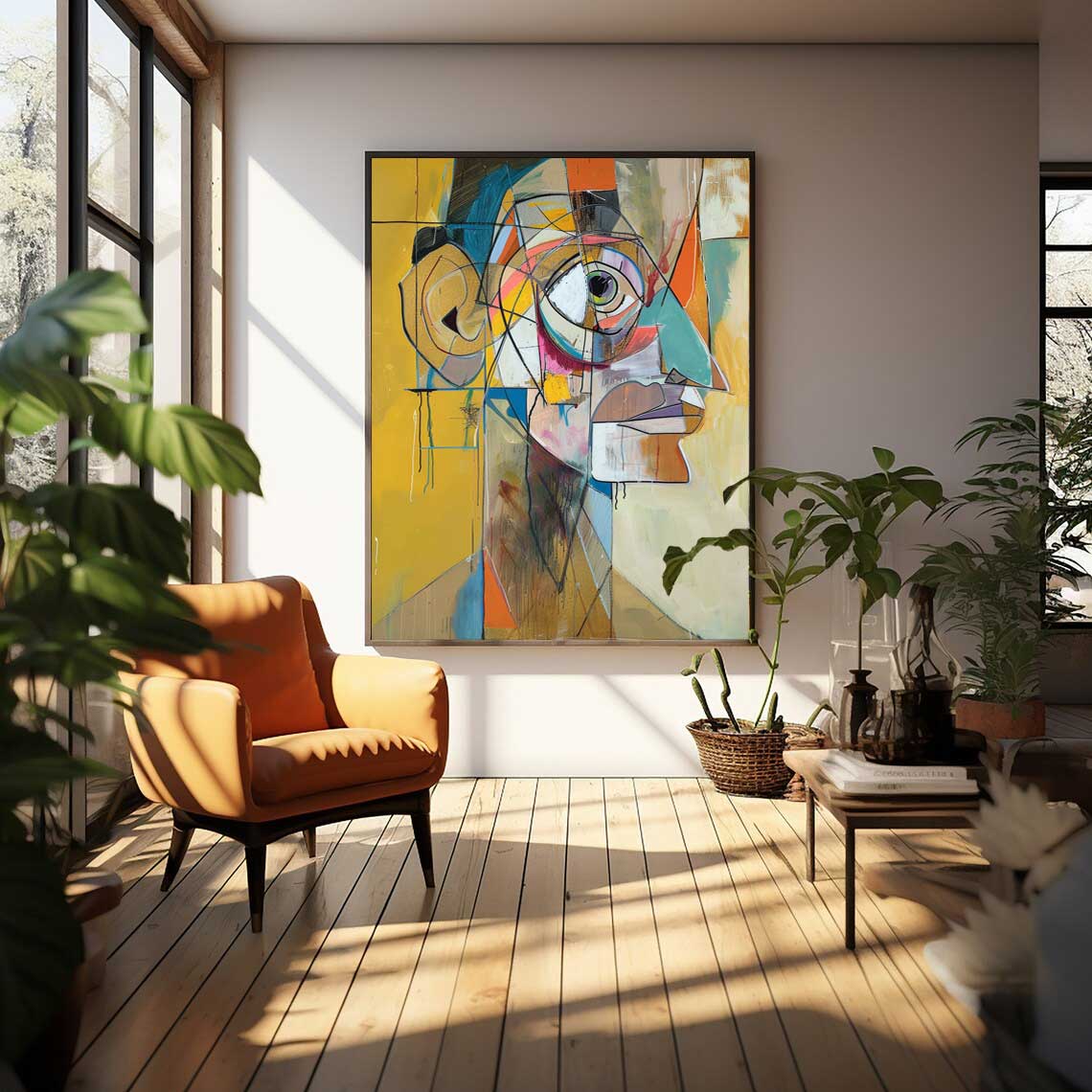 Expressive Abstract Faces Painting Modern Facial Wall Art Original Bold Yellow Artwork Home Decor
