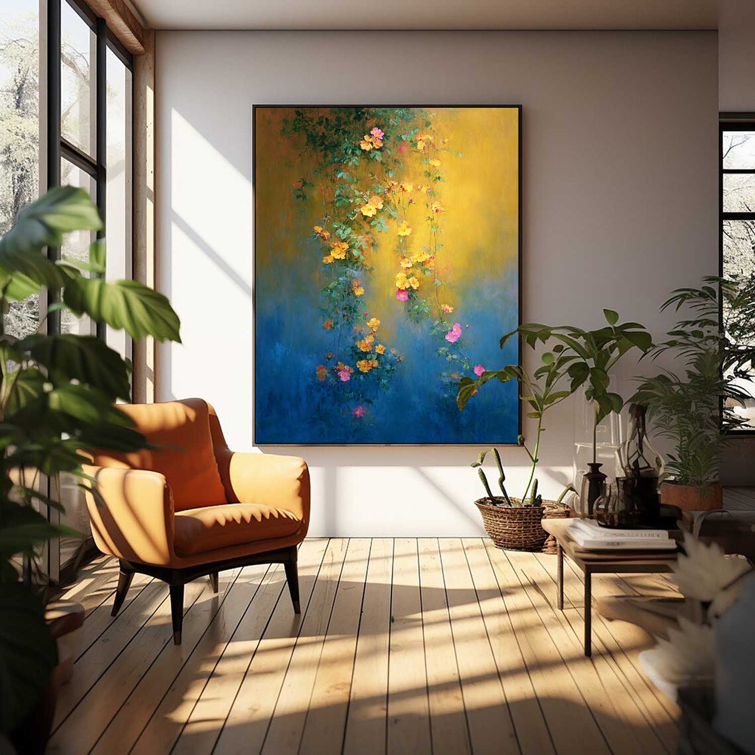 Abstract Bohemian Floral Oil Painting Hanging Vine Yellow Pink Flowers Canvas Wall Art Living Room Decor