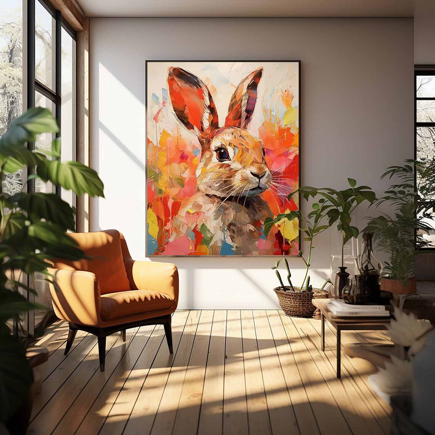 Bright Red Rabbit Oil Painting Modern Colorful Texture Animal Oil Painting Impressionist Bunny Wall Art