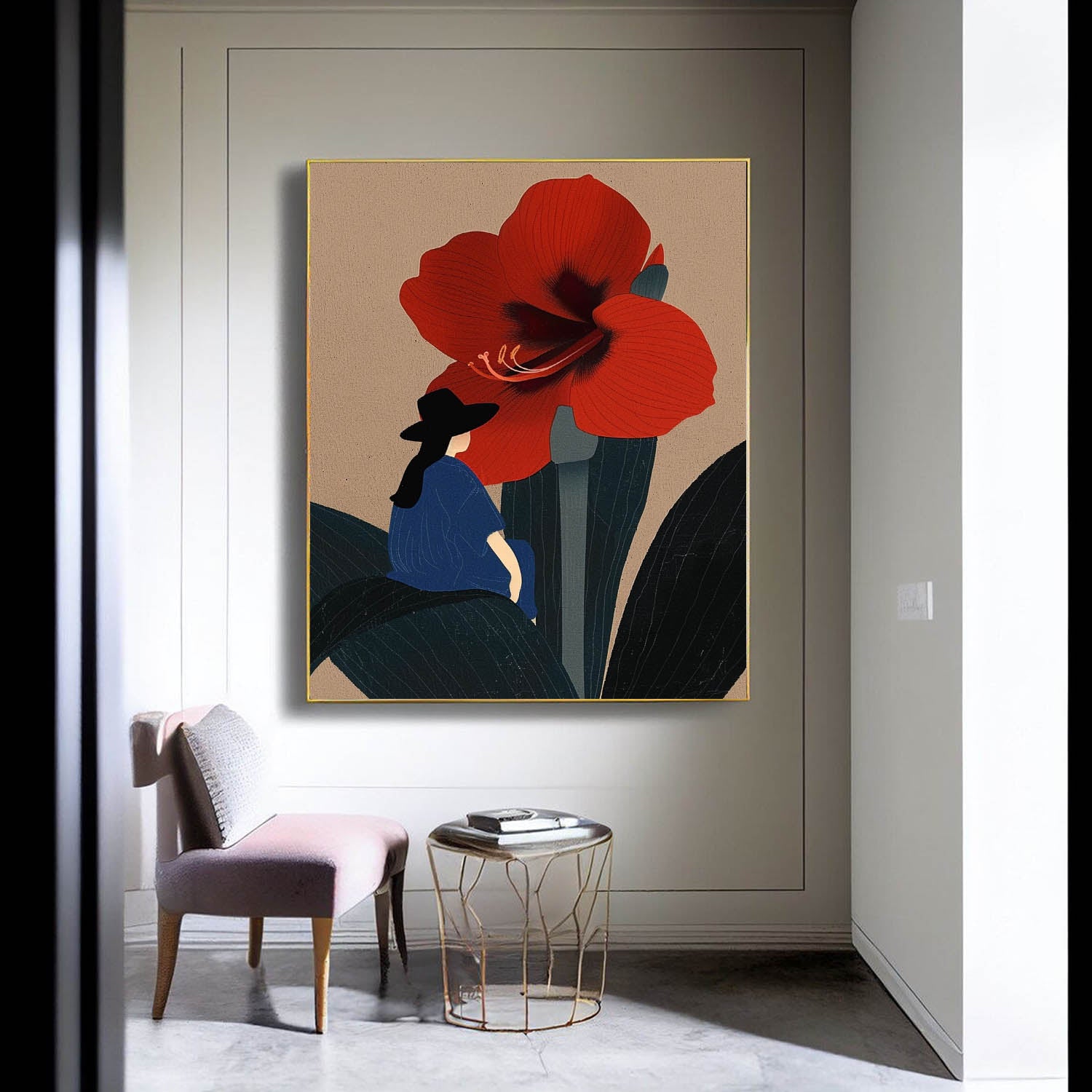 Large Figure Painting Original Girl On Flowers Wall Art Illustration style Abstract Artwork For Living Room
