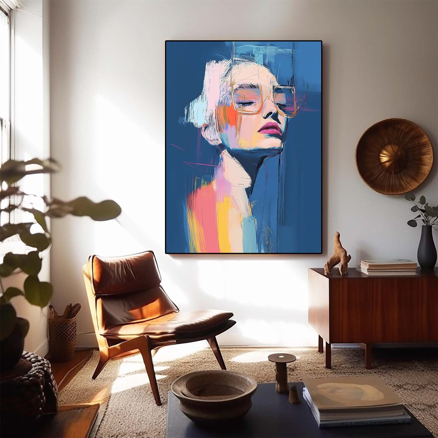 Nordic Style Portrait Canvas Abstract Female Oil Painting Bold Color Minimalist Wall Art For Living Room