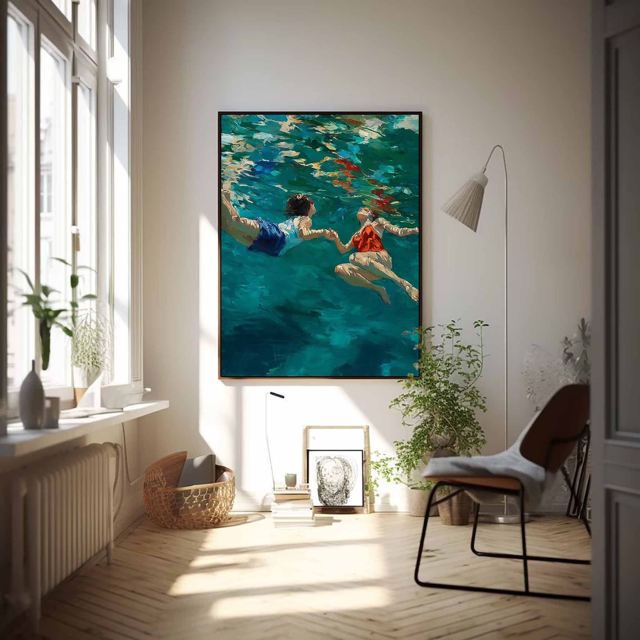 Original Diving Wall Art Abstract Two People playing In Water Oil Painting Canvas Modern Swimming Artwork
