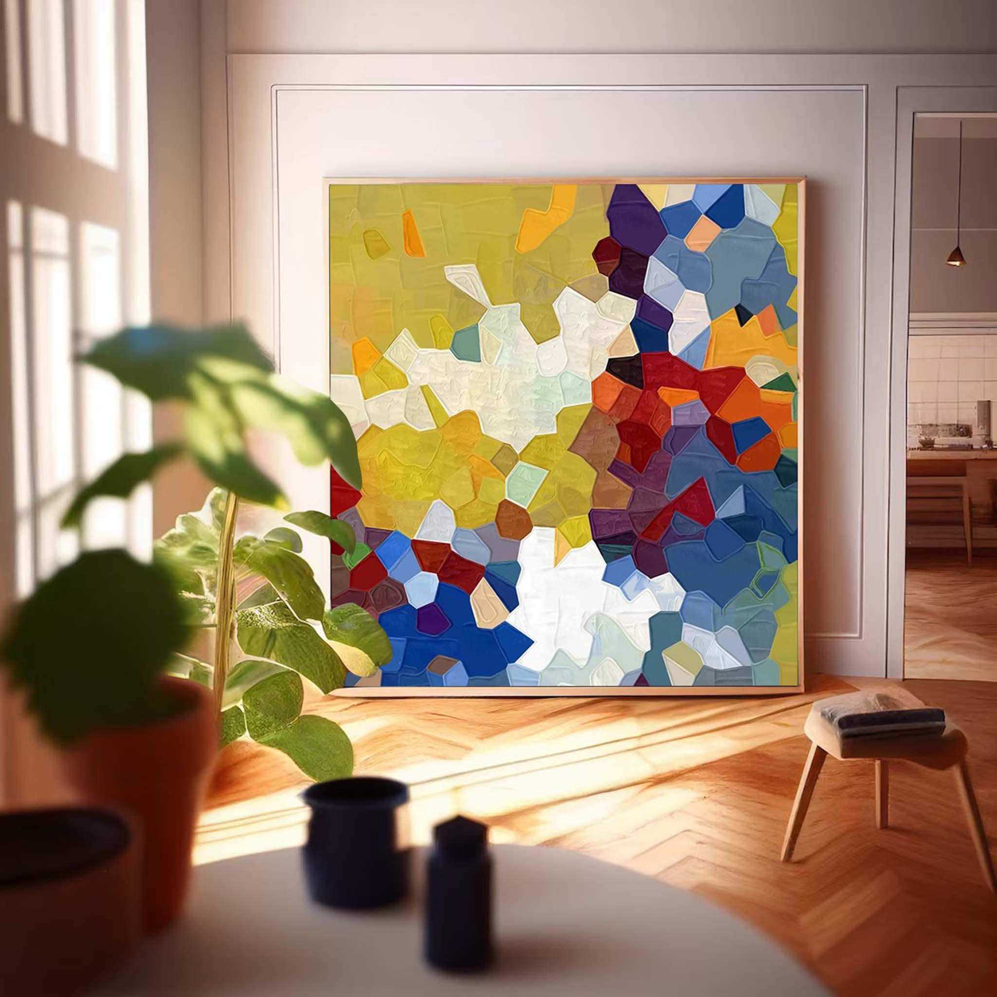 Yellow And Blue Abstract Oil Painting On Canvas Modern Wall Art Large Original Blue Acrylic Painting For Living Room