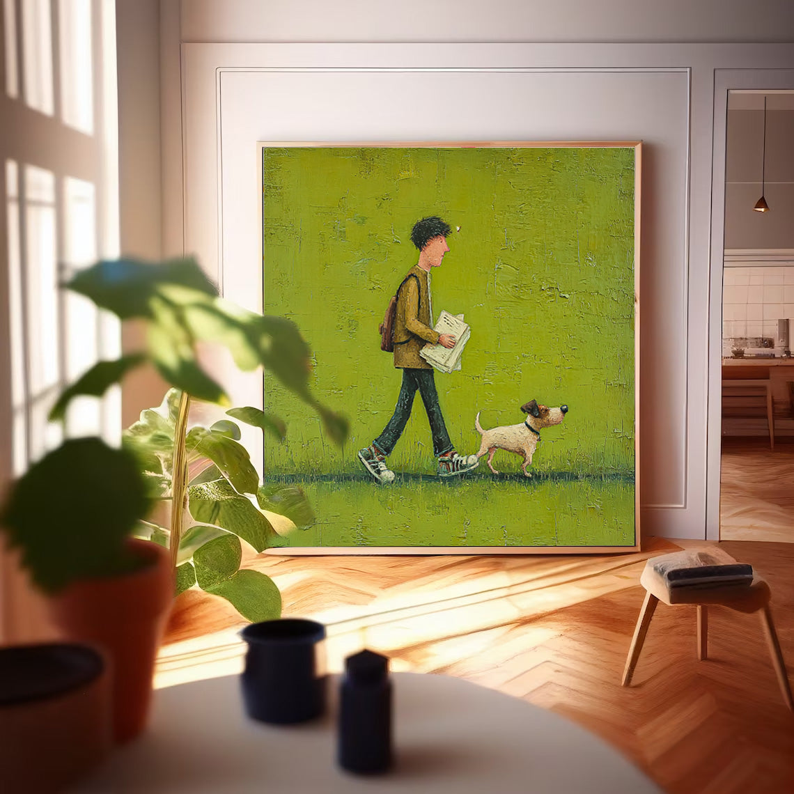 Abstract Warm And Peaceful atmosphere Landscape Green Grassland Wall Art Minimalist Boy Walking The Dog Painting