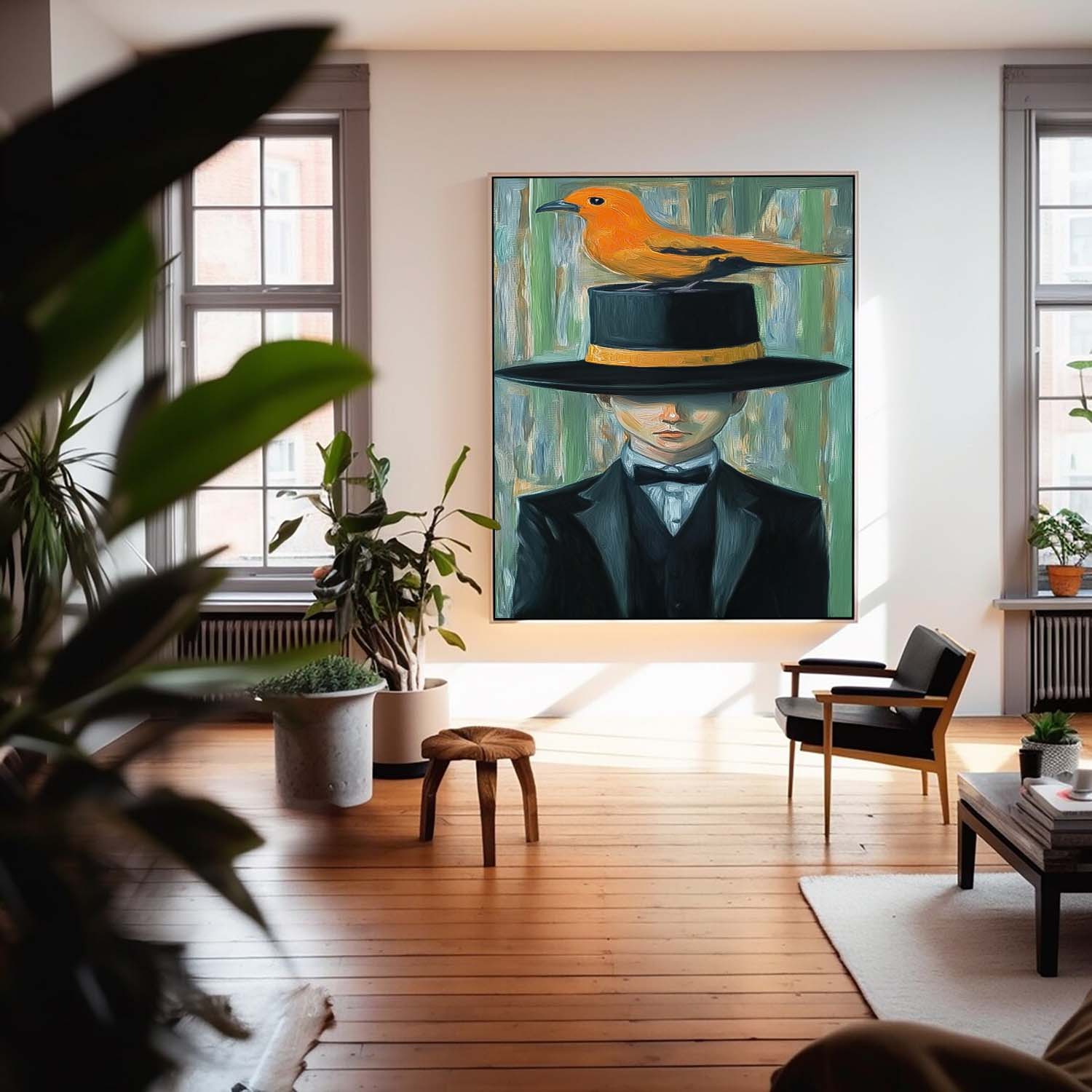 Man In A Suit With A Large Black Hat And An Orange Bird On It Wall Art Abstract Boy Oil Painting Canvas