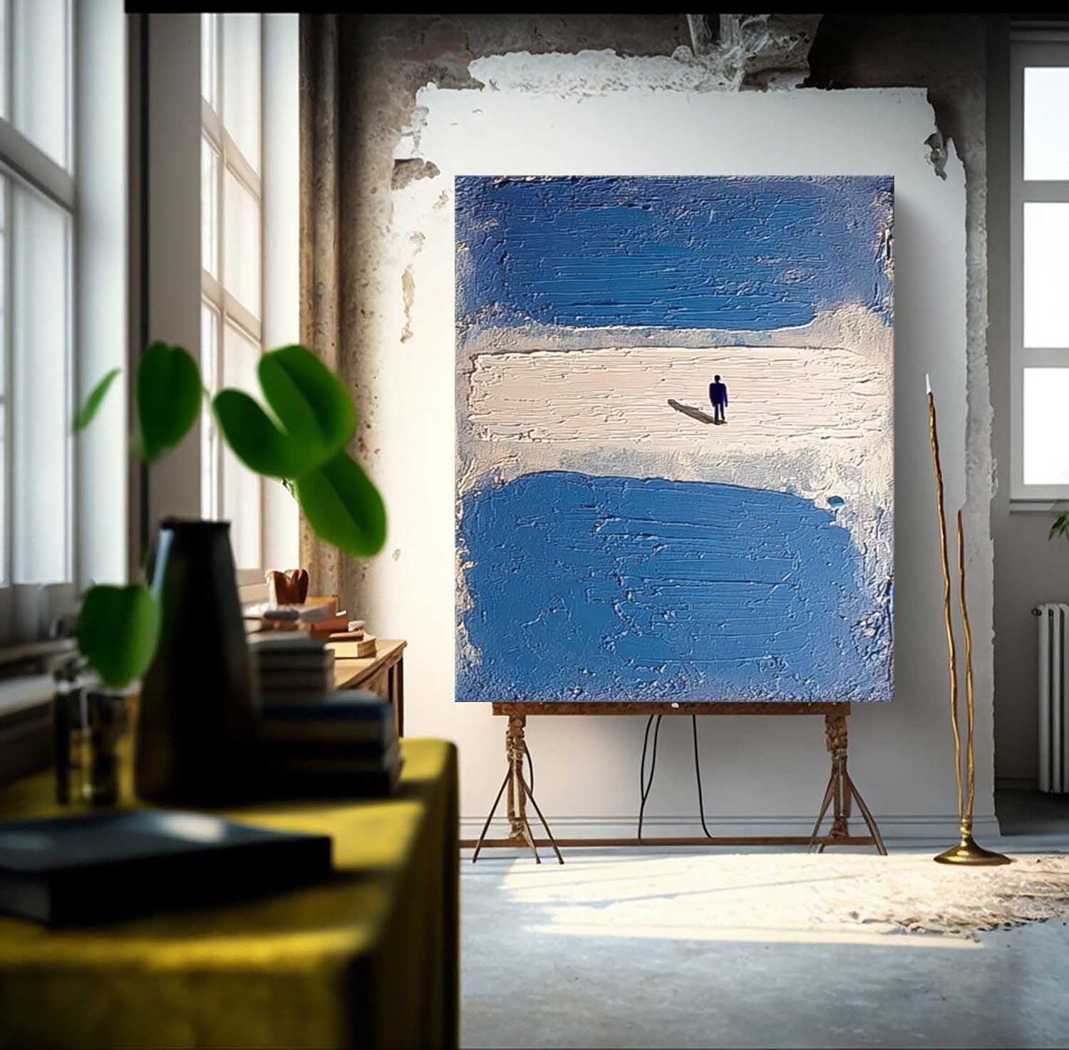 Original Lonely Back People Oil Painting Large Blue Minimalism Wall Art Abstract Figures Artwork Decor