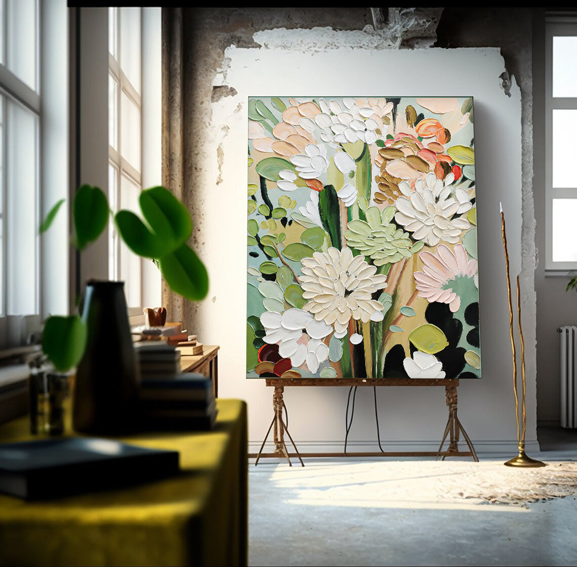 Abstract Flower Acrylic Painting 3D Floral Painting Framed Large Flower Wall Art Textured Floral Painting