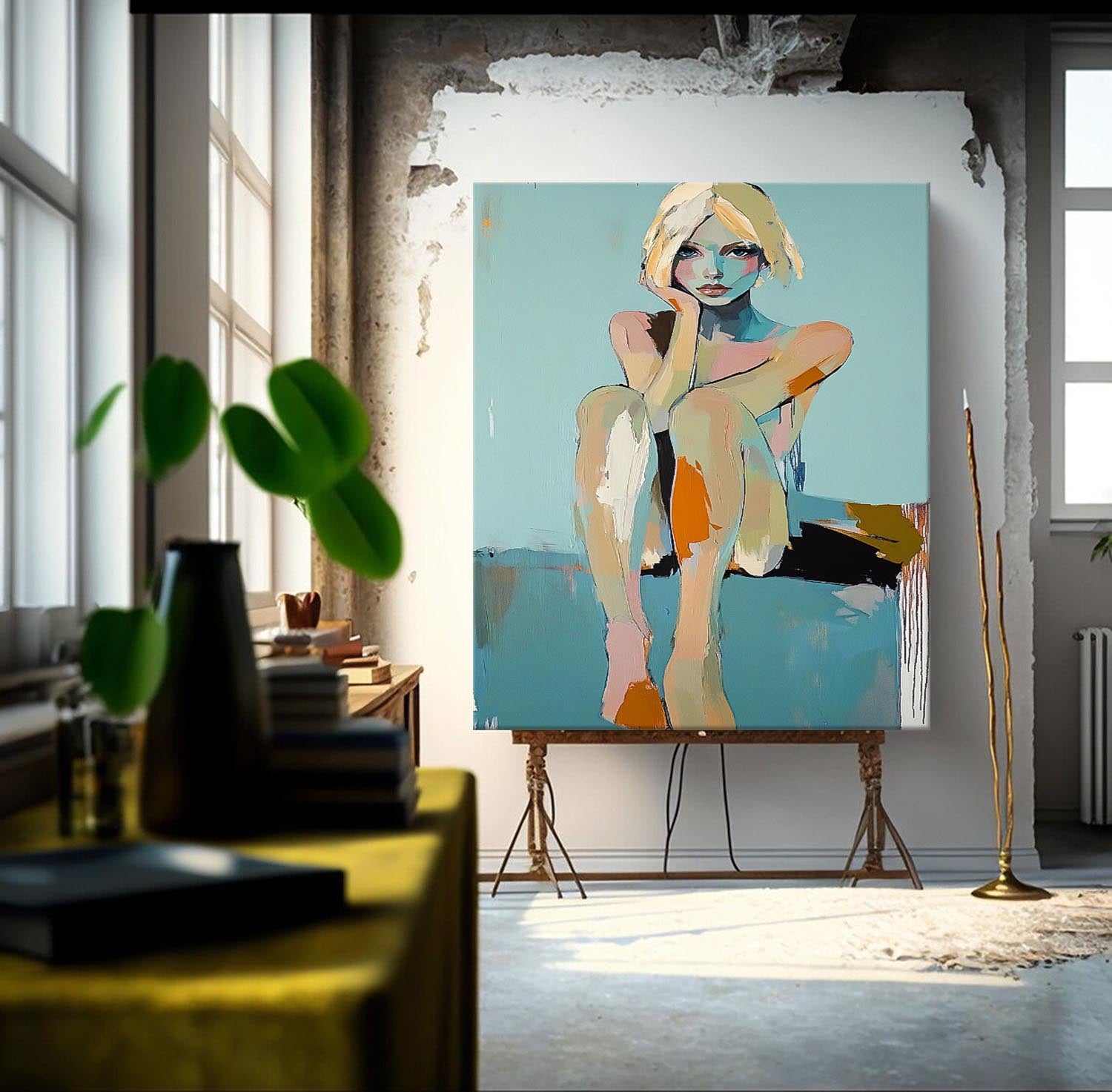 Large Girl Portrait Painting Abstract Lady Painting Woman Artwork Original Wall Art Framed Home Decor