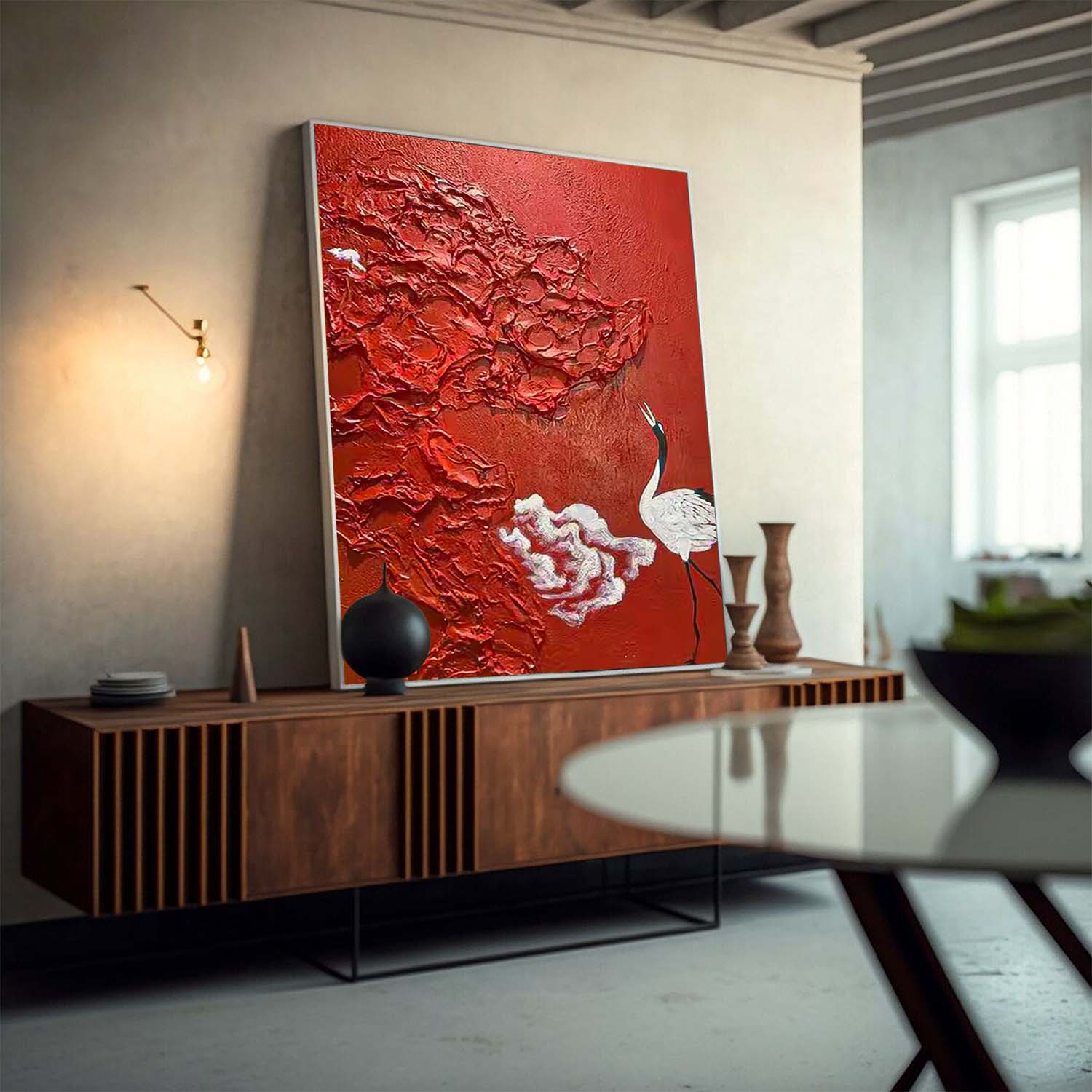 Bright Red Oil Painting Modern Thick Texture Crane Oil Painting Impressionist  Crane Animal Wall Art