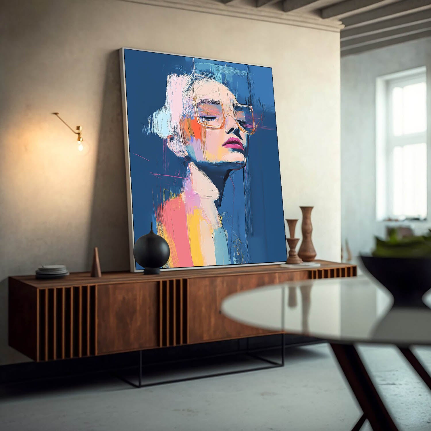 Nordic Style Portrait Canvas Abstract Female Oil Painting Bold Color Minimalist Wall Art For Living Room