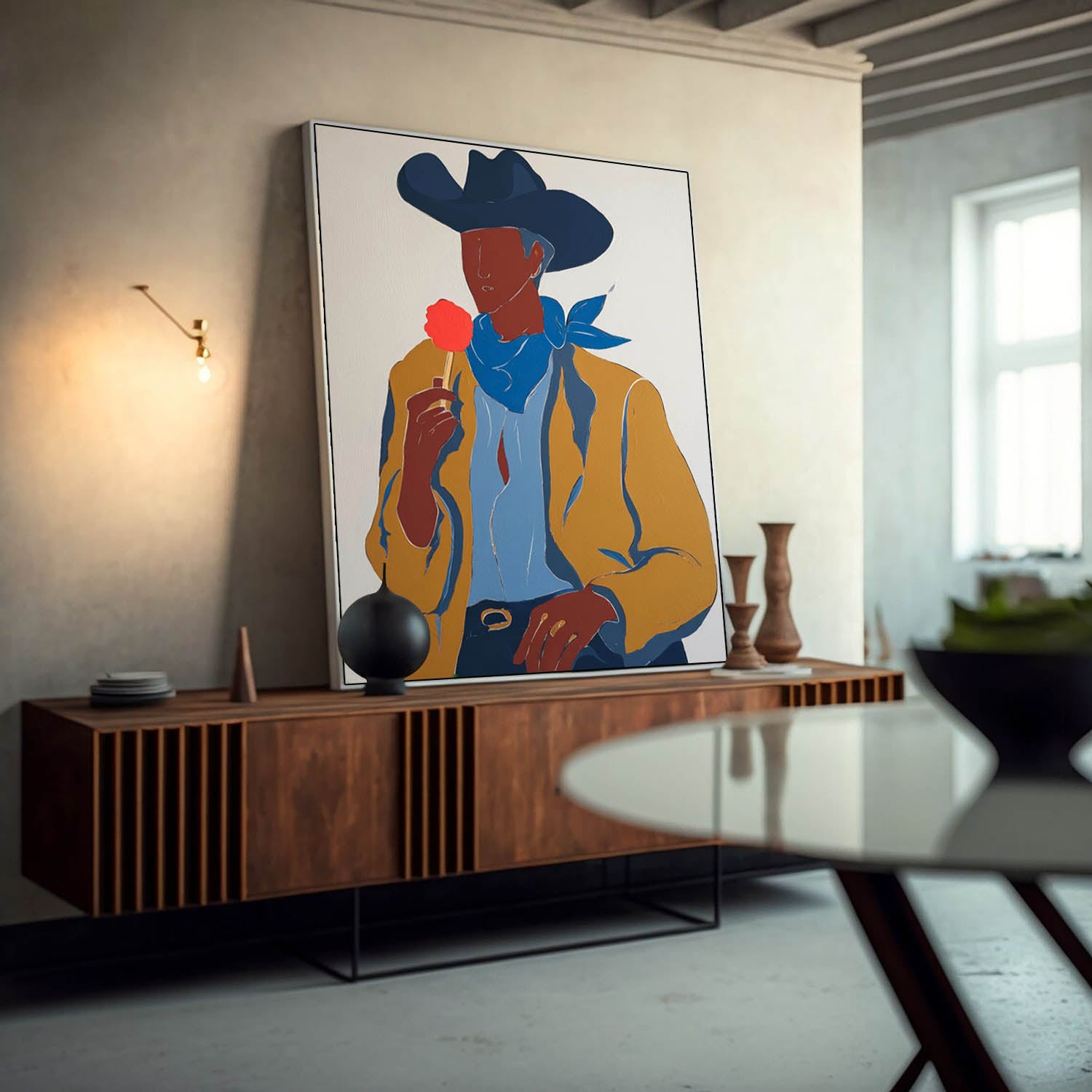 Artistic Western Cowboy Painting Red Lollipop & Color Block Design Vintage Wall Art for Retro Home Decor