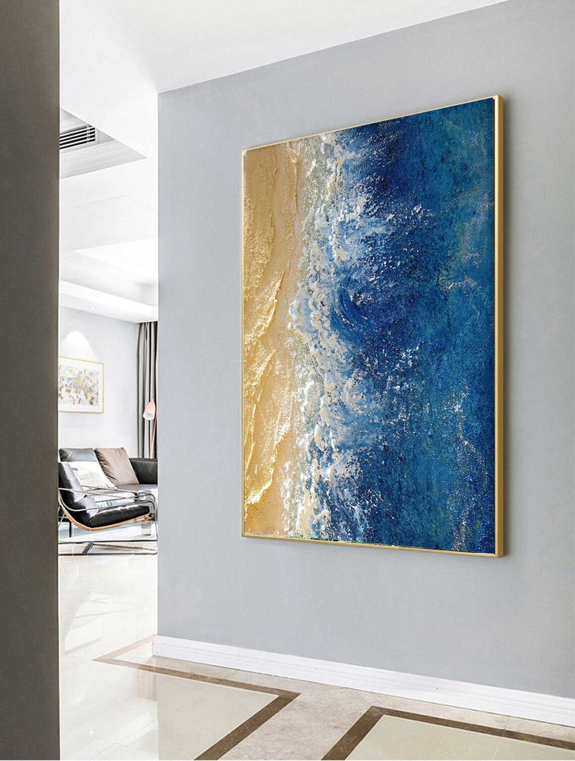 Acrylic Textured Beach And Ocean Painting Framed Large Blue Ocean Wall Art For Living Room