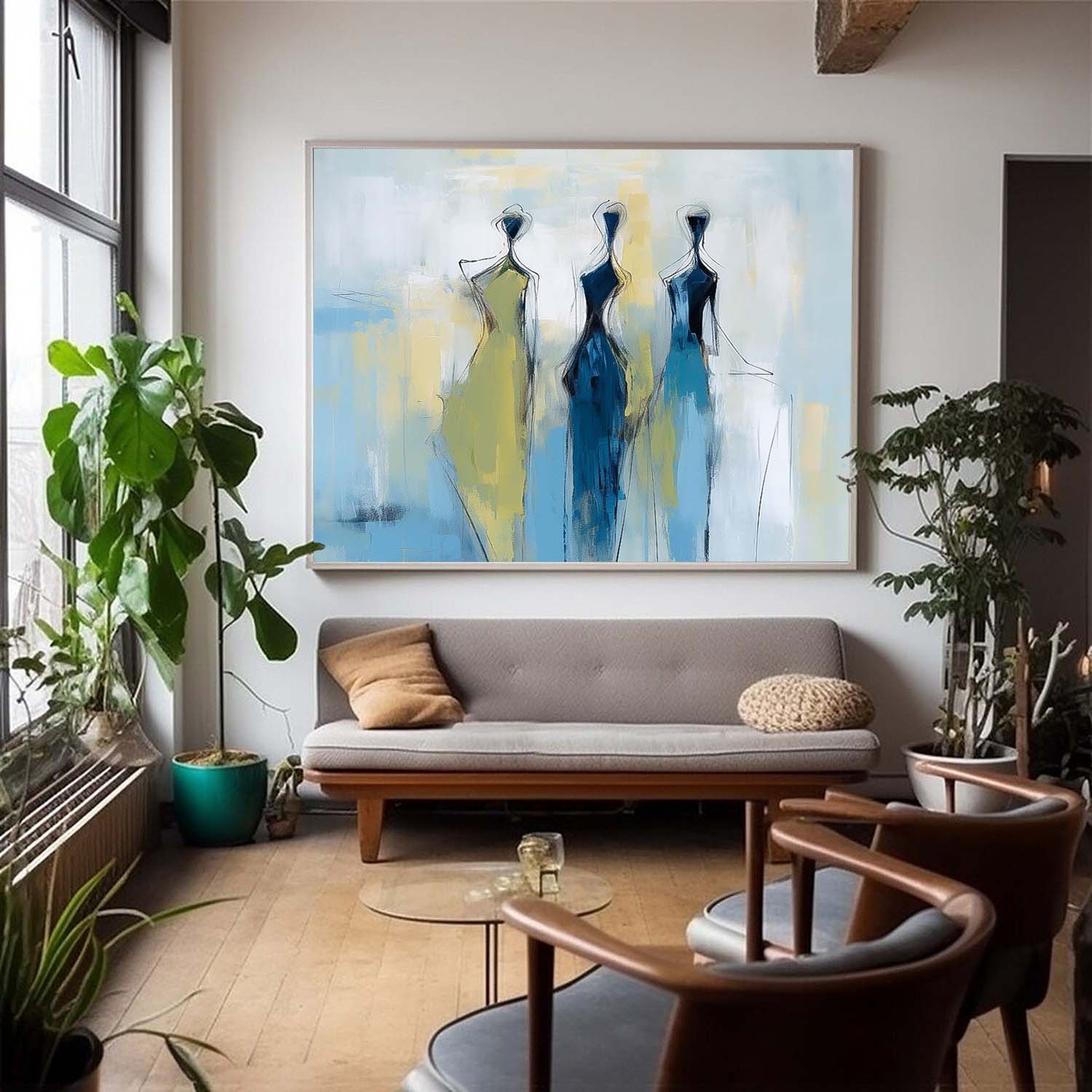 Modern Minimal Abstract Oil Painting Contemporary Gallery Wall Art Blue Figure View Of Back Home Decor