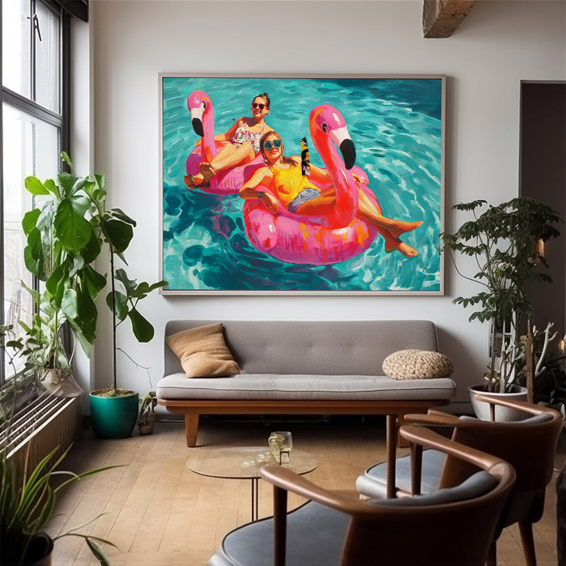 Abstract Colorful Flamingo Artwork Original Girl Water Entertainment Sensual Lady Swimming Wall Art