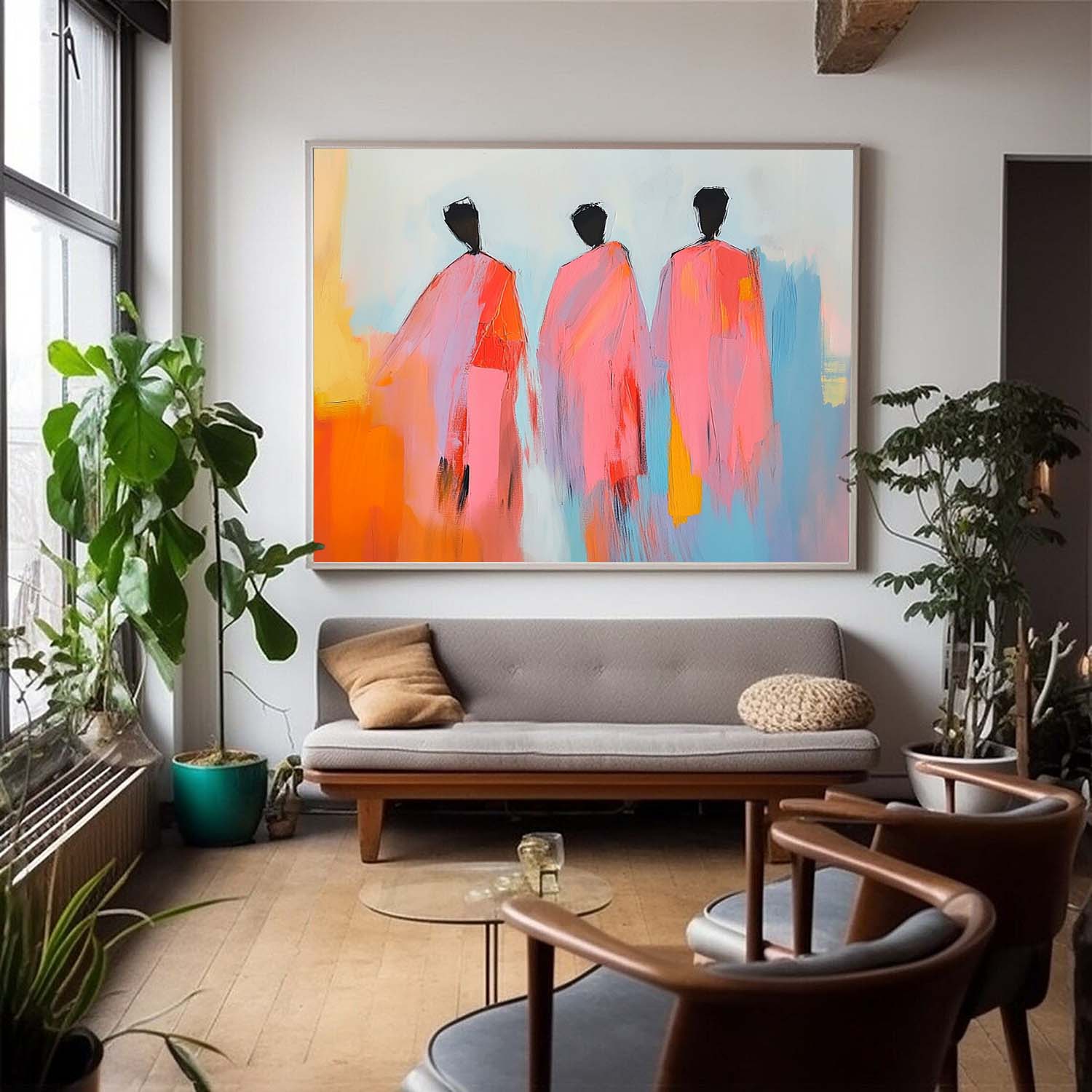 Modern Minimal Abstract Oil Painting Contemporary Gallery Wall Art Pink Figure View Of Back Home Decor