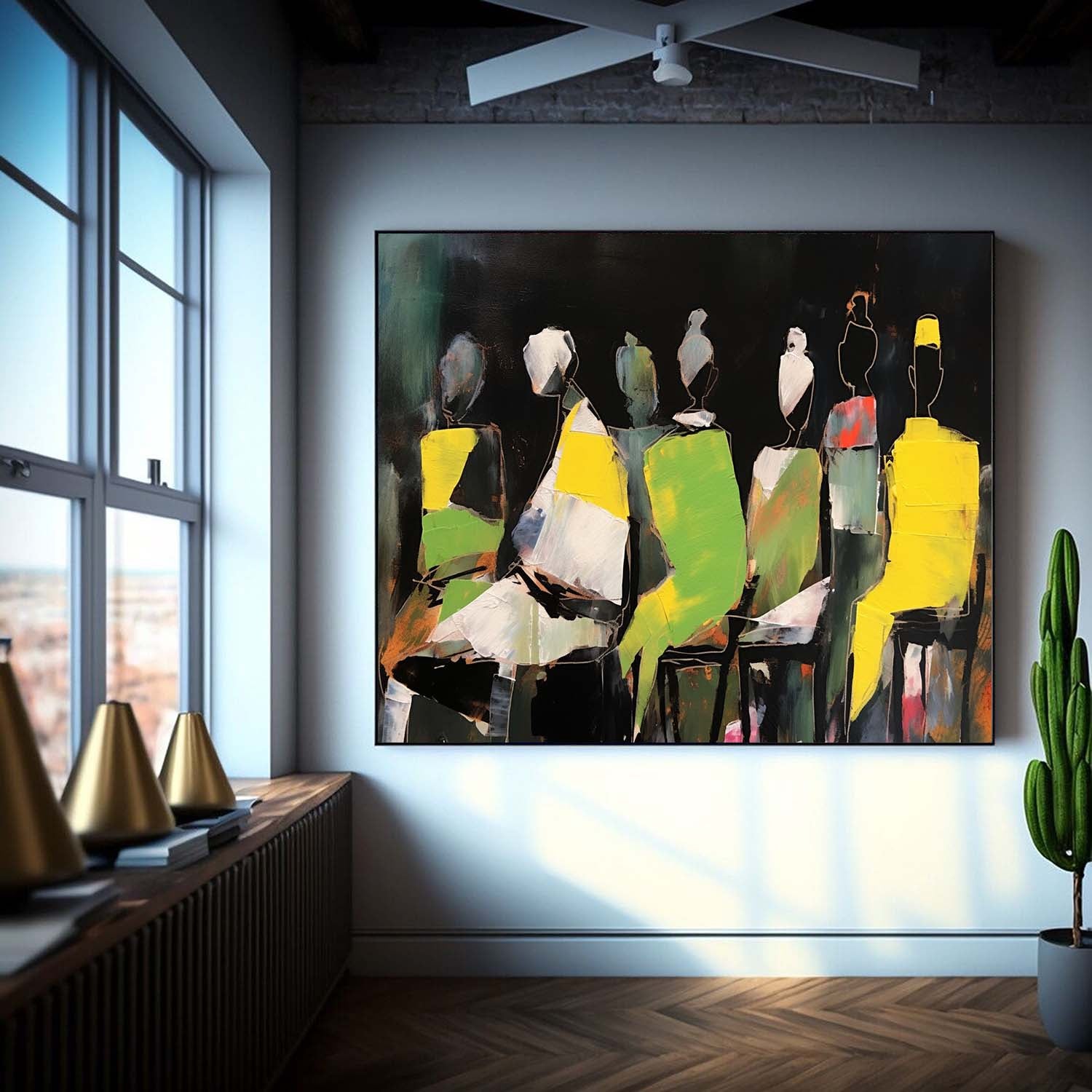 Large Modern Abstract Fluorescent Color Figure Silhouette Canvas Art Abstract People Painting Contemporary Art