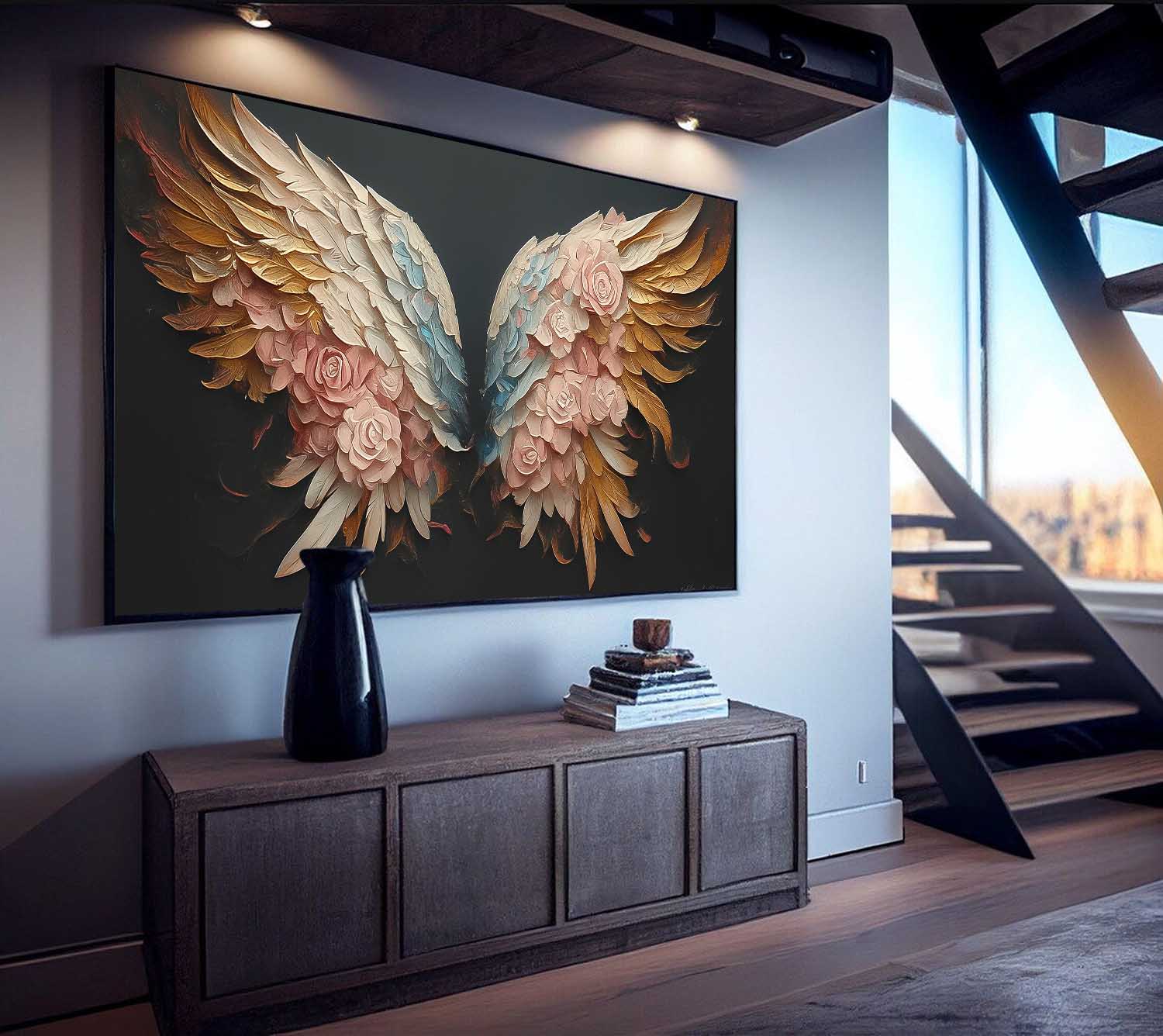 Big Wing Flower Boho Artwork Original Abstract Angel Wing Oil Painting On Canva For Living Room Decor Gift