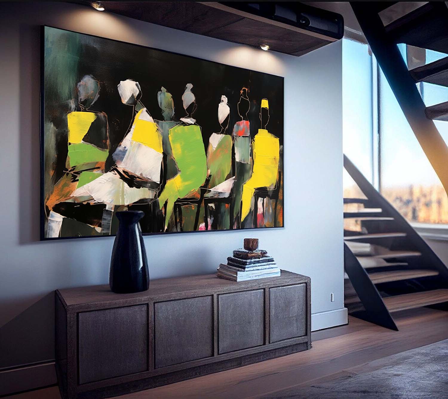 Large Modern Abstract Fluorescent Color Figure Silhouette Canvas Art Abstract People Painting Contemporary Art