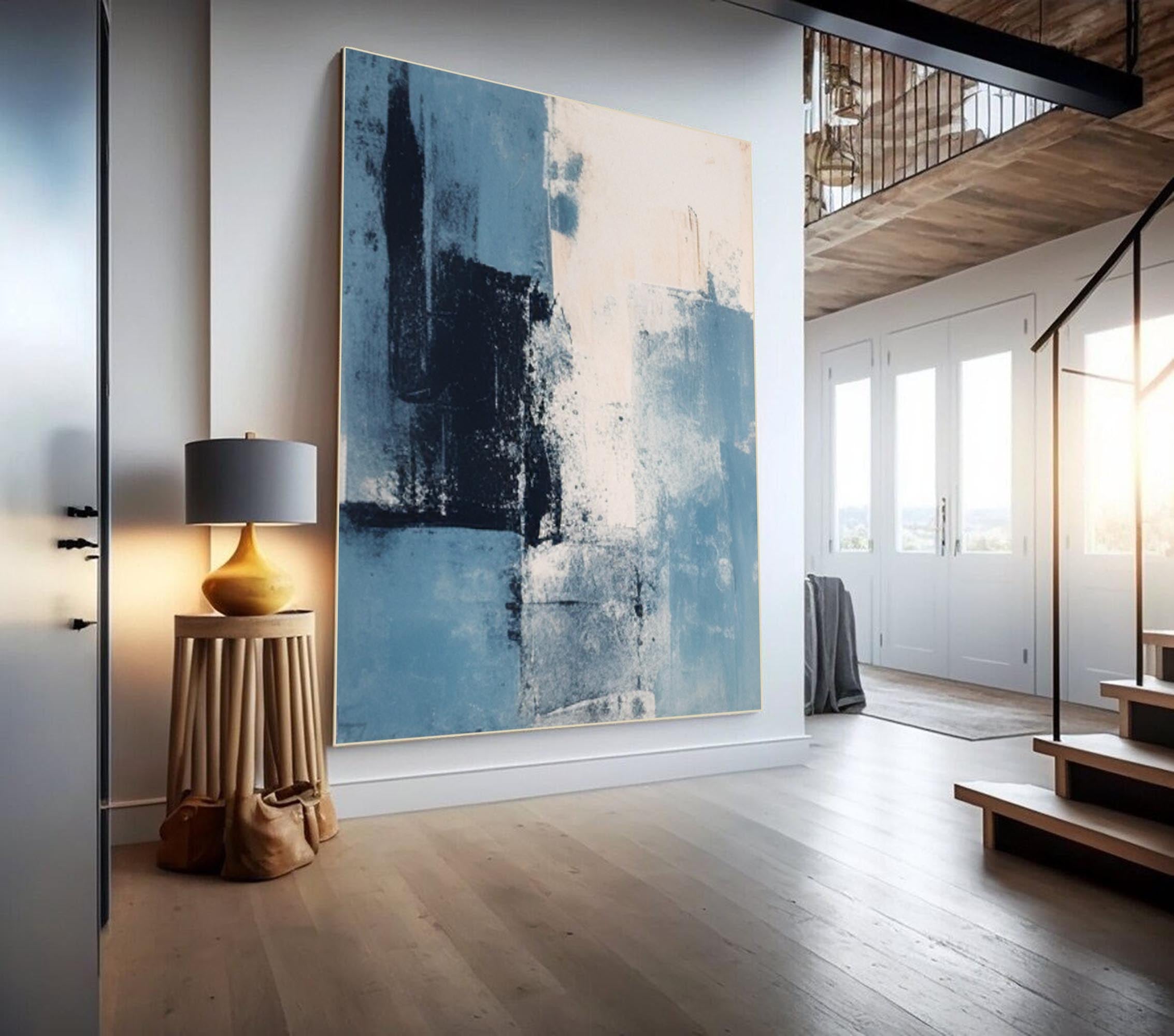 Blue Modern Texture Wall Art Large Original Abstract Oil Painting On Canvas For Living Room