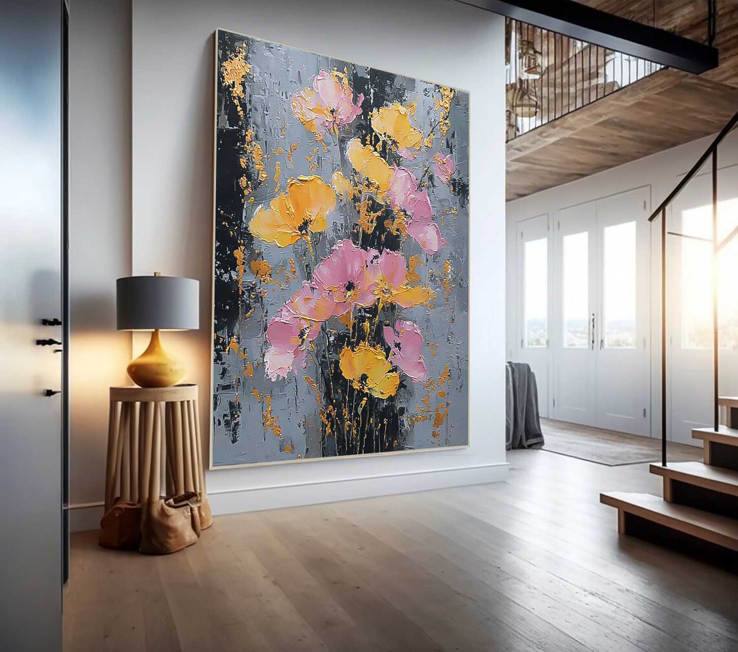 Modern Abstract Floral Oil Painting Pink & Gold Impasto Wall Art Textured Flower Palette Knife Artwork