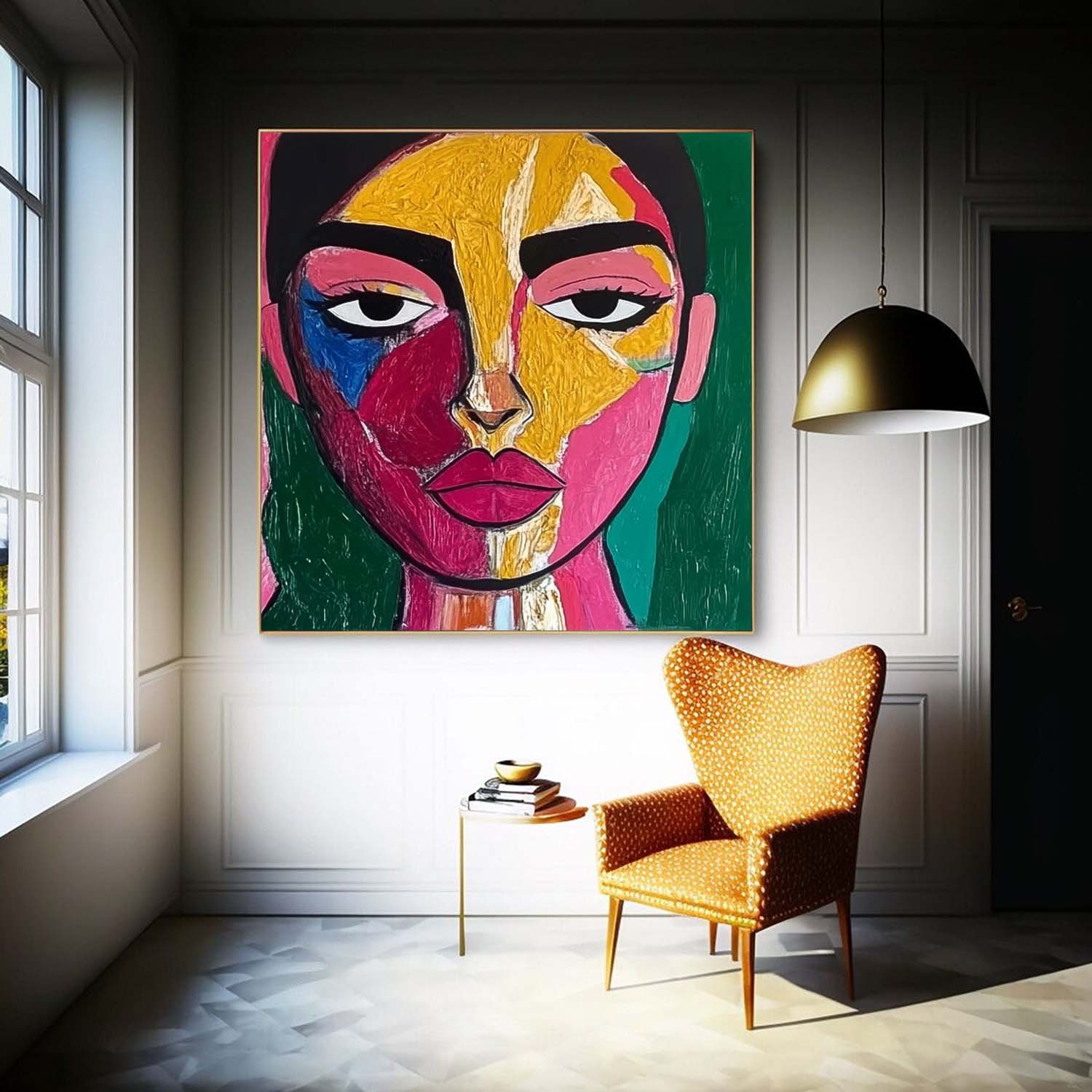 Origina Figure Acrylic Painting Canvas Colorful Face Abstract Wall Art Square Large Portrait Artwork