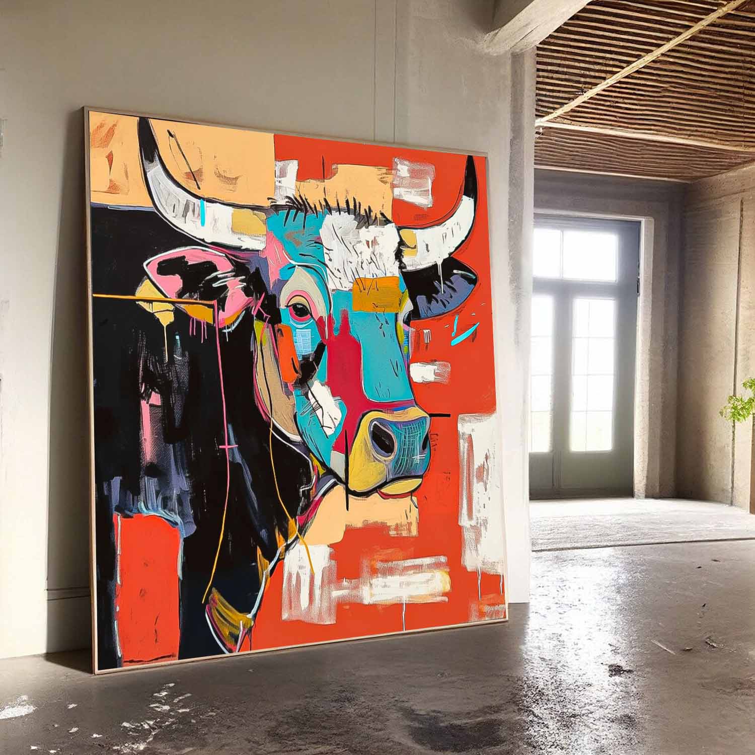 Square Ox Oil Painting Canvas Original Lovely Cow Wall Art Large Colorful Animal Artwork Home Decor