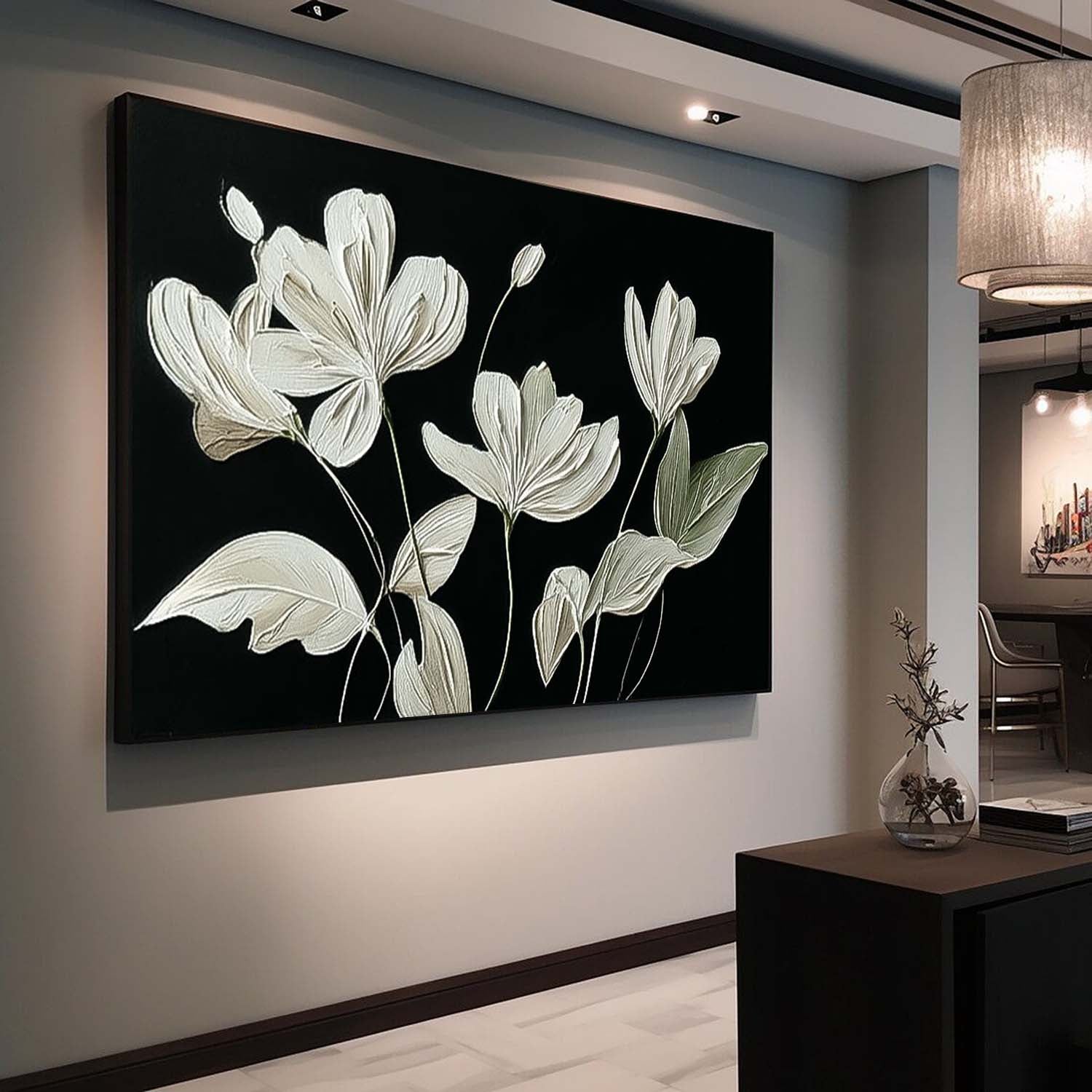 Original Black Abstract Oil Painting On Canvas Horizontal Flower Texture Artwork Home Decor Gift