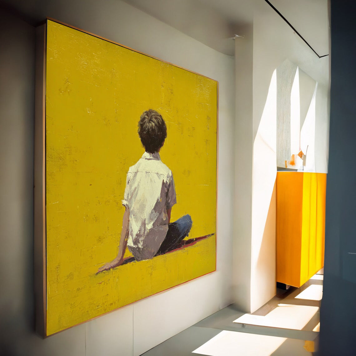 Minimalist Boy View Of Back Painting Bright Yellow Wall Art Abstract Warm atmosphere Art For Living Room