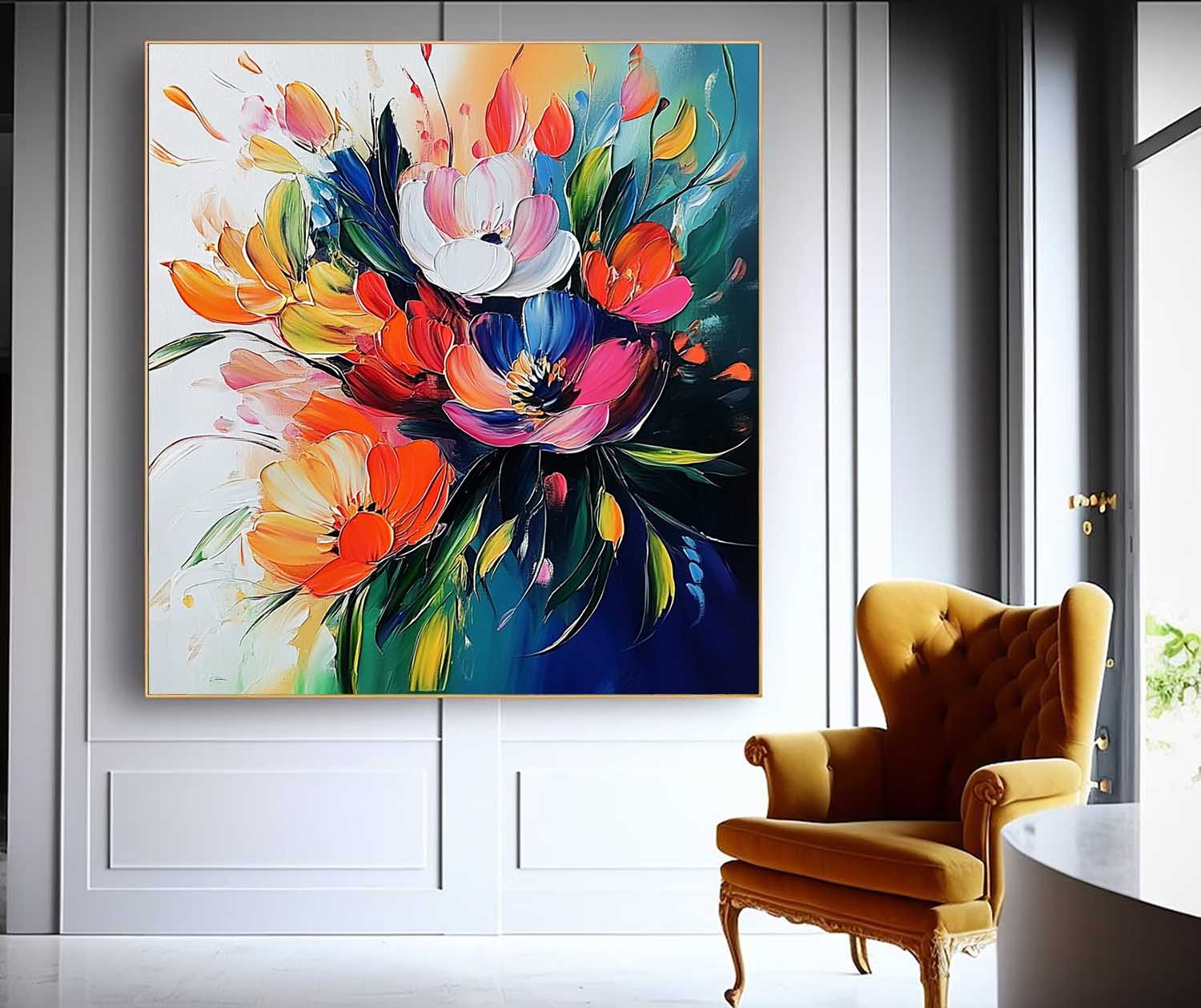 Color Large Textured Flower Painting Framed Original Beautifu Art Modern Floral Wall Art Home Decor