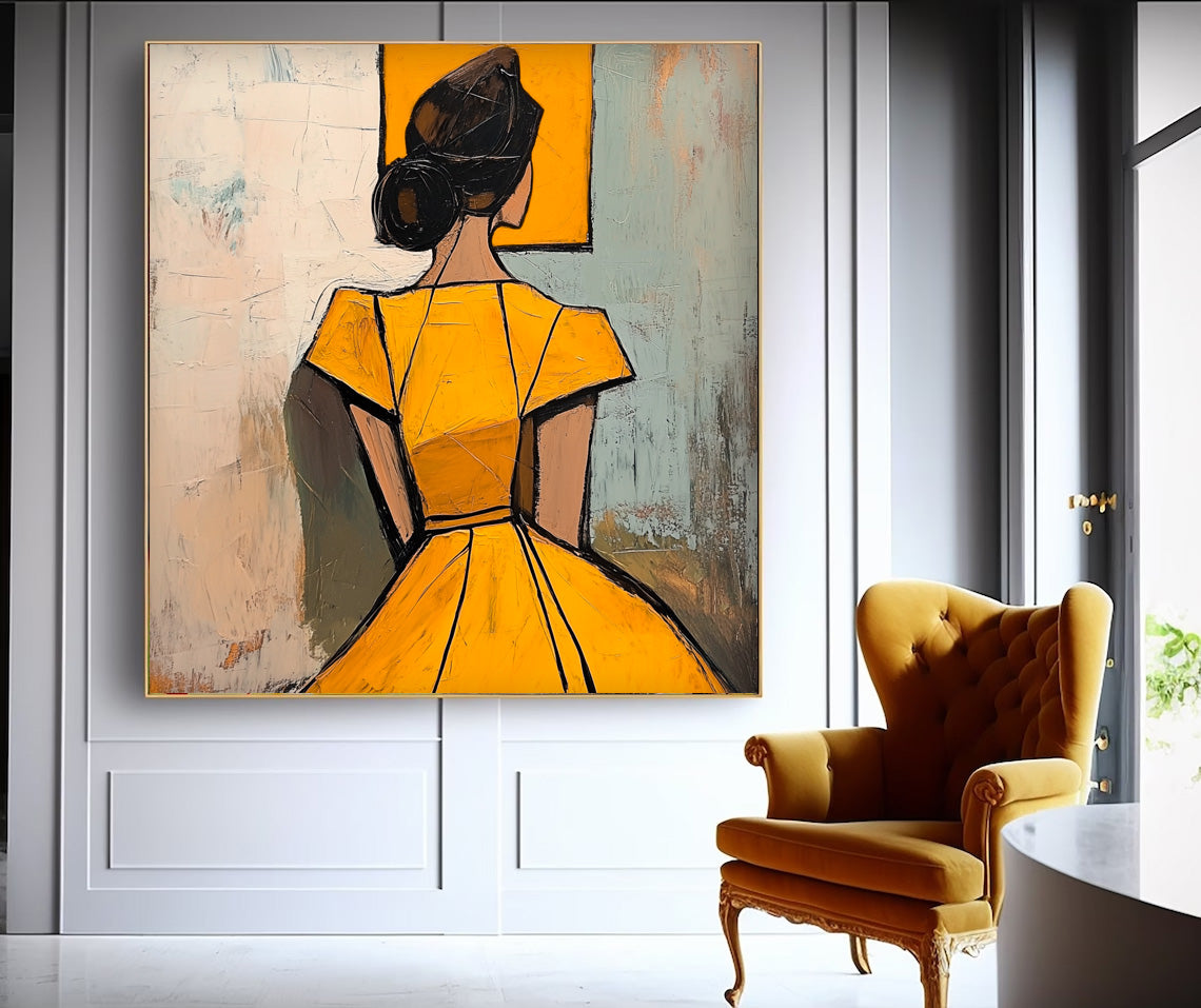 Square Large Girl Portrait Artwork Lady Abstract Wall Art Origina Yellow Dress Acrylic Painting Canvas