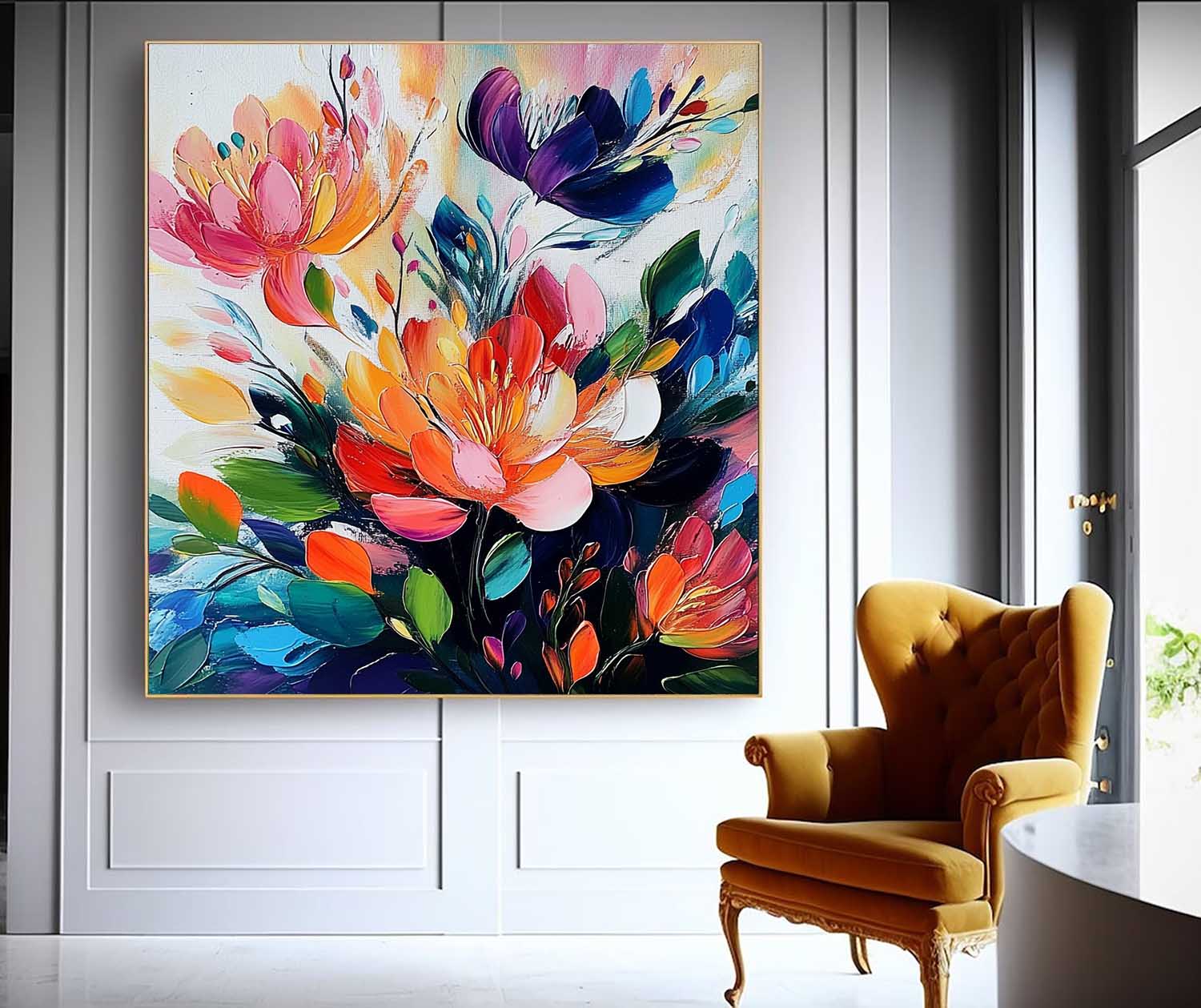 Original Beautifu Art Color Large Textured Flower Painting Framed Modern Floral Wall Art Home Decor