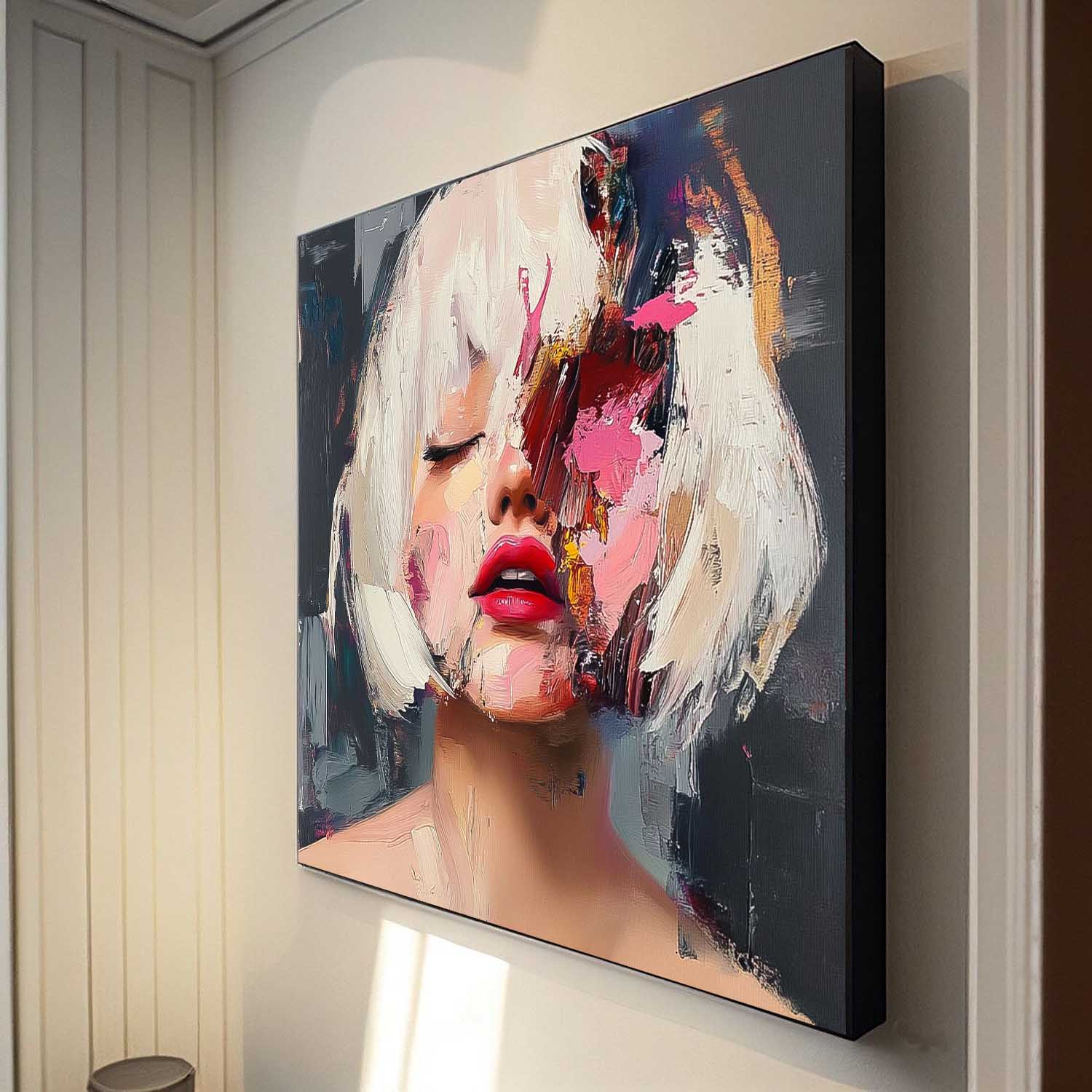 Square Large Short Hair Girl Portrait Artwork Beautiful Lady Abstract Wall Art Origina Acrylic Painting Canvas