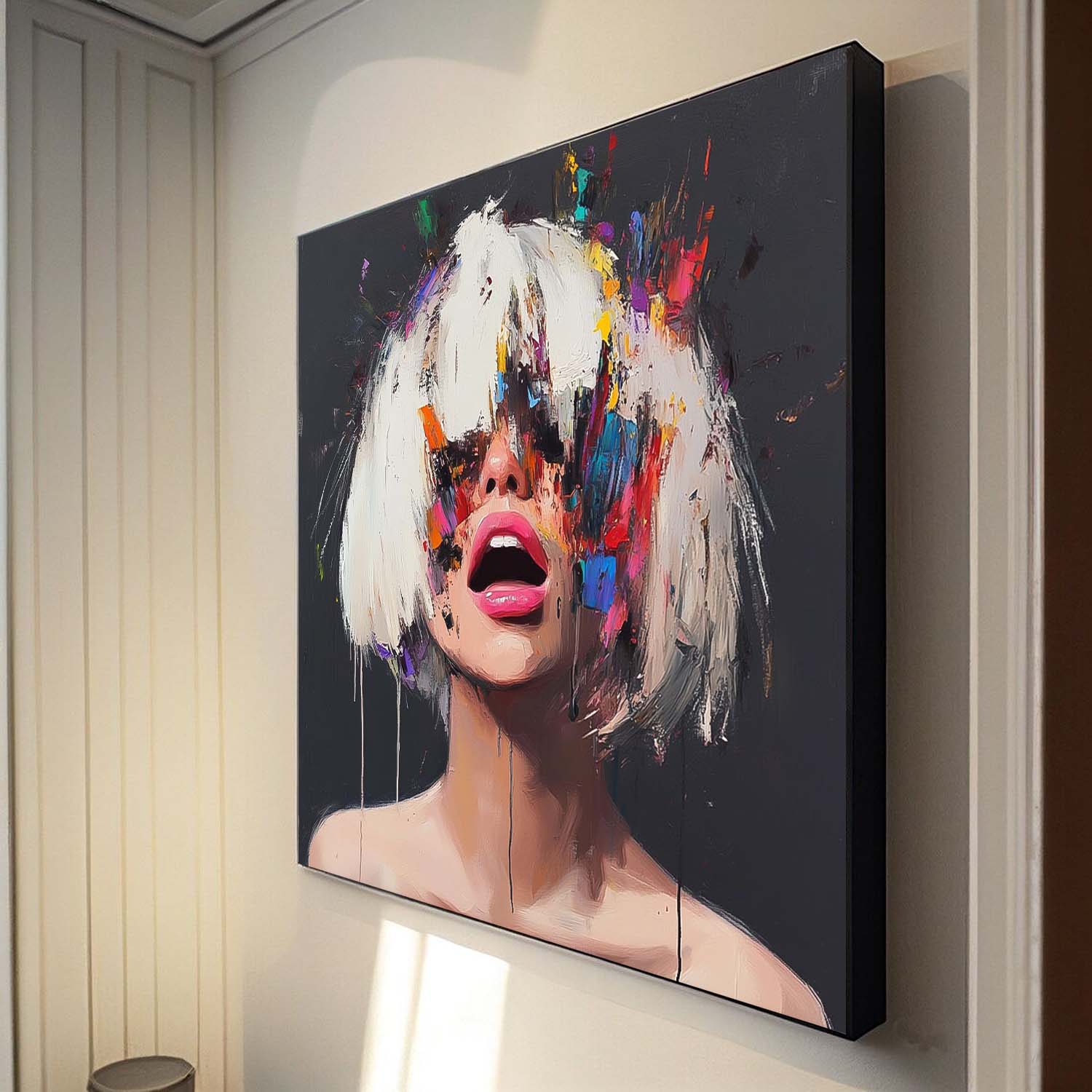 Beautiful Lady Abstract Wall Art Square Large Short Hair Girl Portrait Artwork Origina Acrylic Painting Canvas