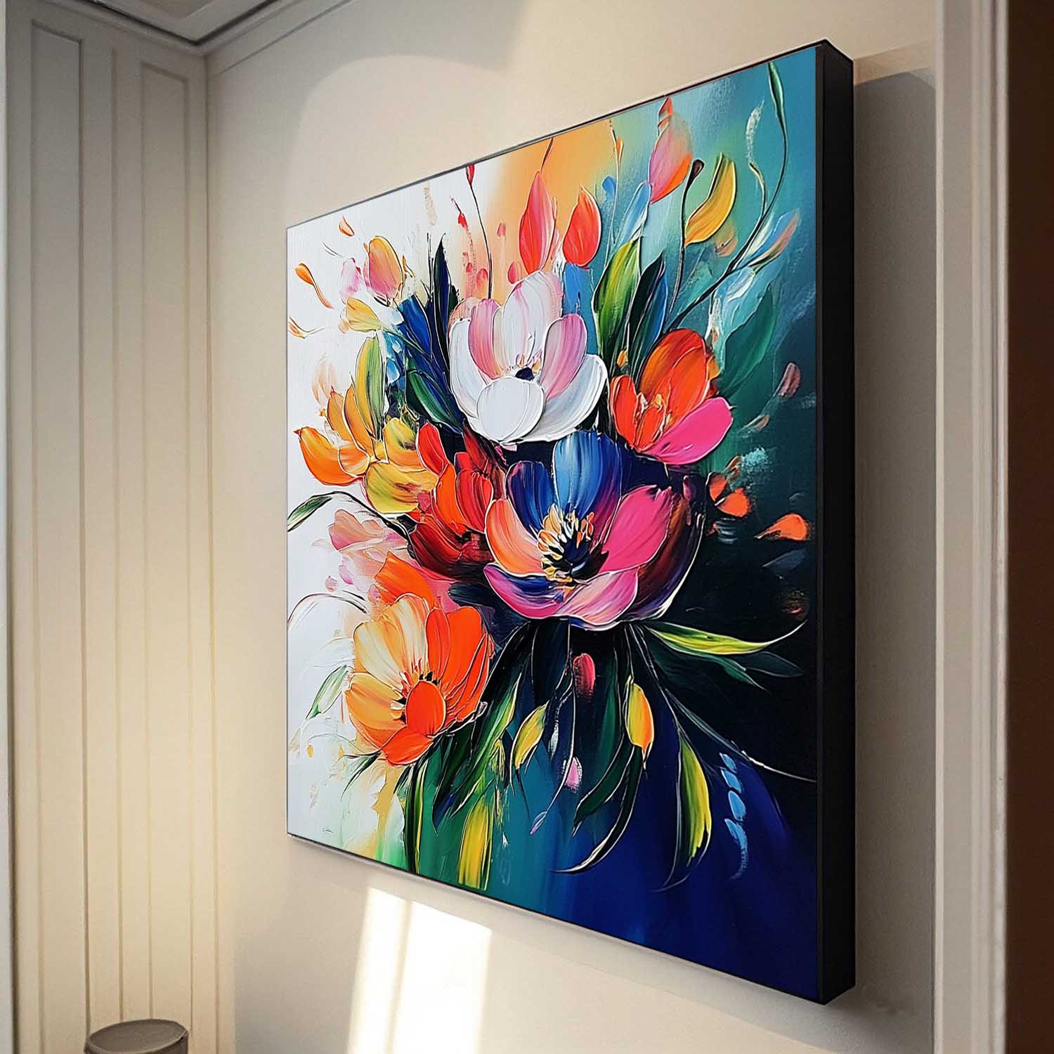 Color Large Textured Flower Painting Framed Original Beautifu Art Modern Floral Wall Art Home Decor