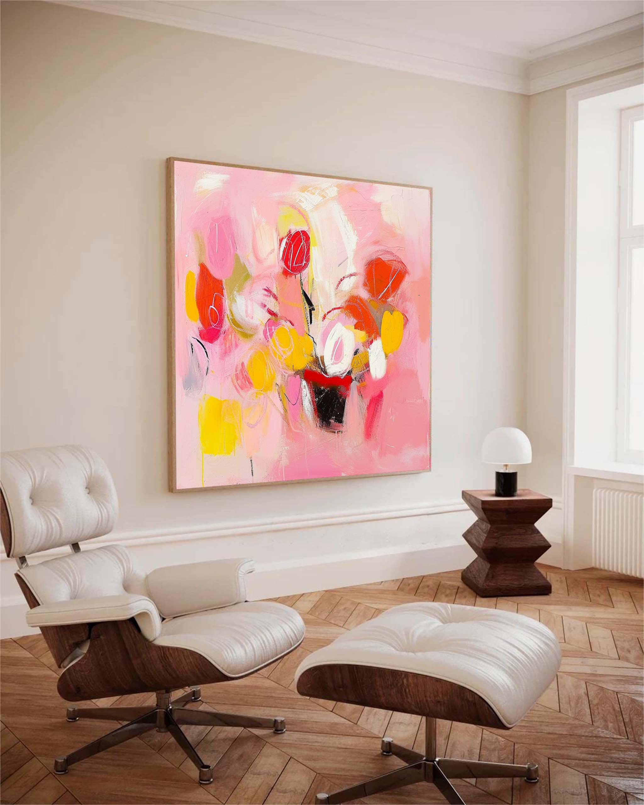 Square Abstract Graffiti Oil Painting Bright Pink Large Acrylic Painting Canvas Original Modern Wall Art For Living Room