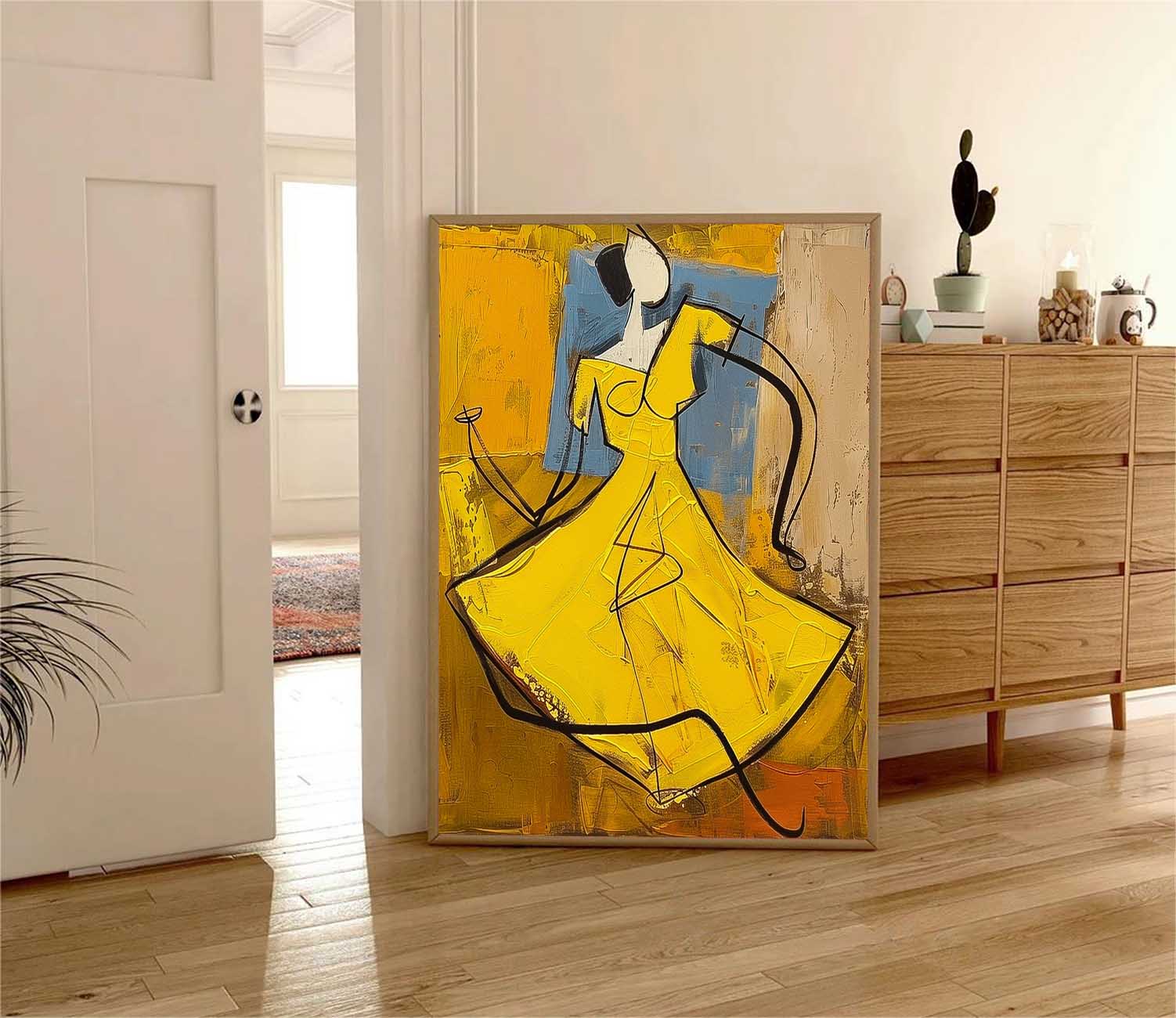 Large Dancing Woman Painting Framed Original Lady Wall Art Abstract Yellow Dress Artwork Home Decor
