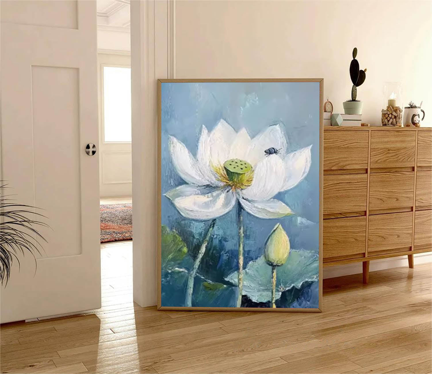 Big Original Texture Beautiful Blue Flowers Artwork Abstract Lotus Flower Oil Painting On Canvas Framed