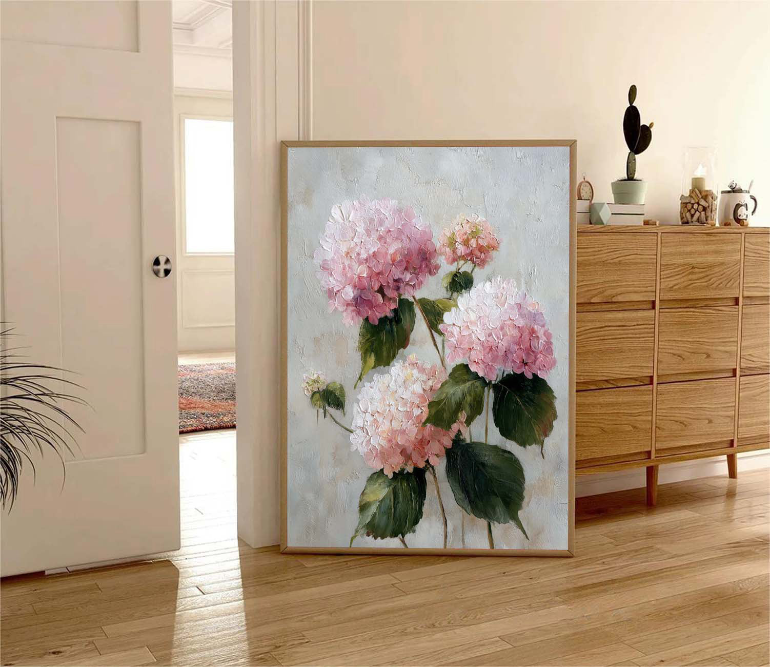 Large Hydrangea Flower Abstract Painting Canvas Original Artwork Texture Pink Plant Wall Art For Living Room