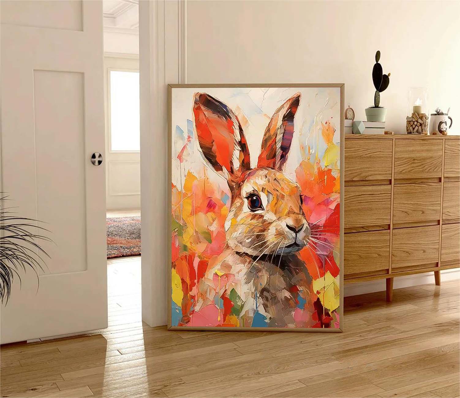 Bright Red Rabbit Oil Painting Modern Colorful Texture Animal Oil Painting Impressionist Bunny Wall Art