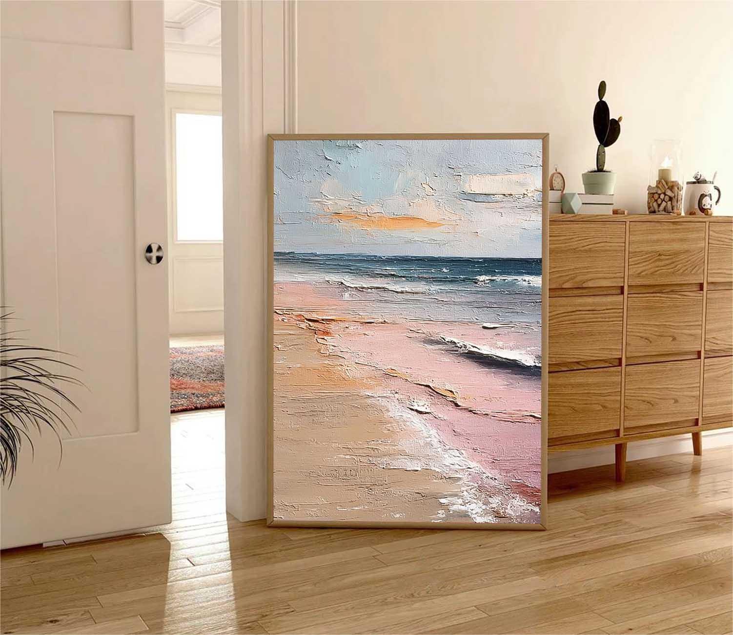 Pink Large Sea Wall Art Original Abstract Beach Oil Painting On Canvas Texture Artwork Home Decor