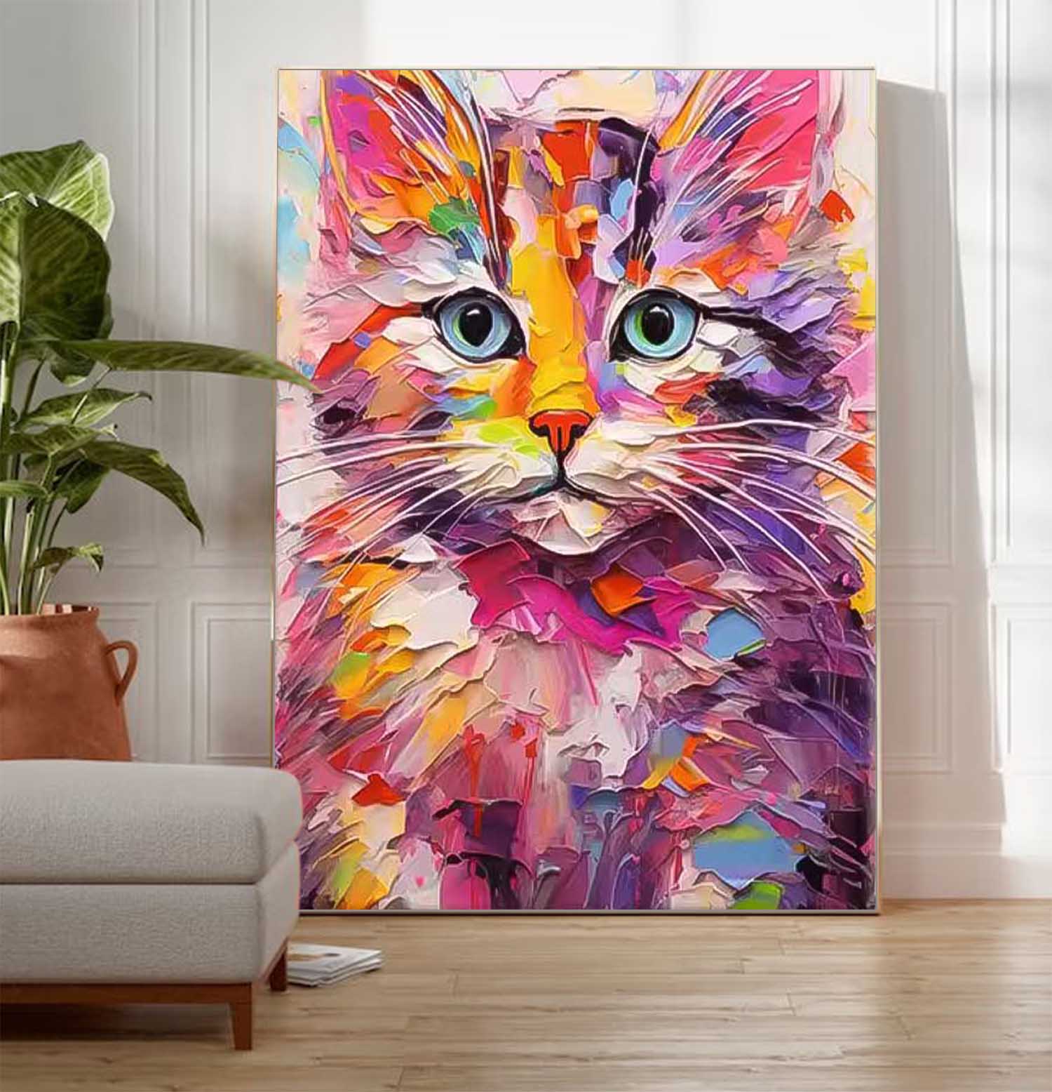 Vibrant Color Cat Oil Painting Modern Colorful Texture Animal Oil Painting Impressionist Kitty Wall Art