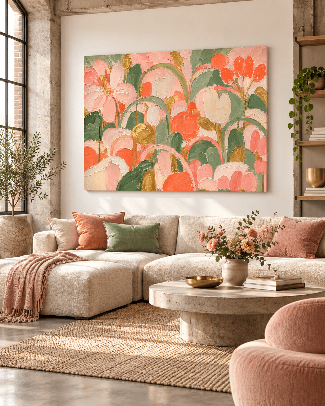 Abstract Floral Canvas Painting With Gold Leaf Accents For Modern Home Decor
