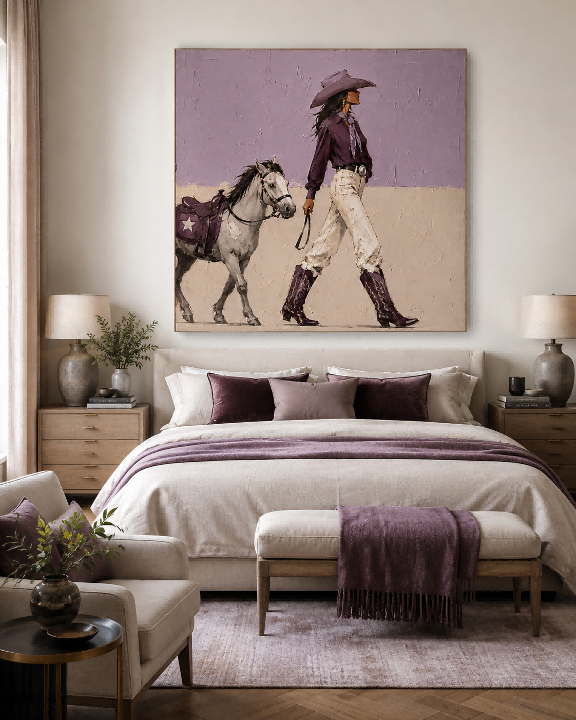 Modern Western Cowgirl Art With Horse Purple Beige Square Canvas For Living Room Decor