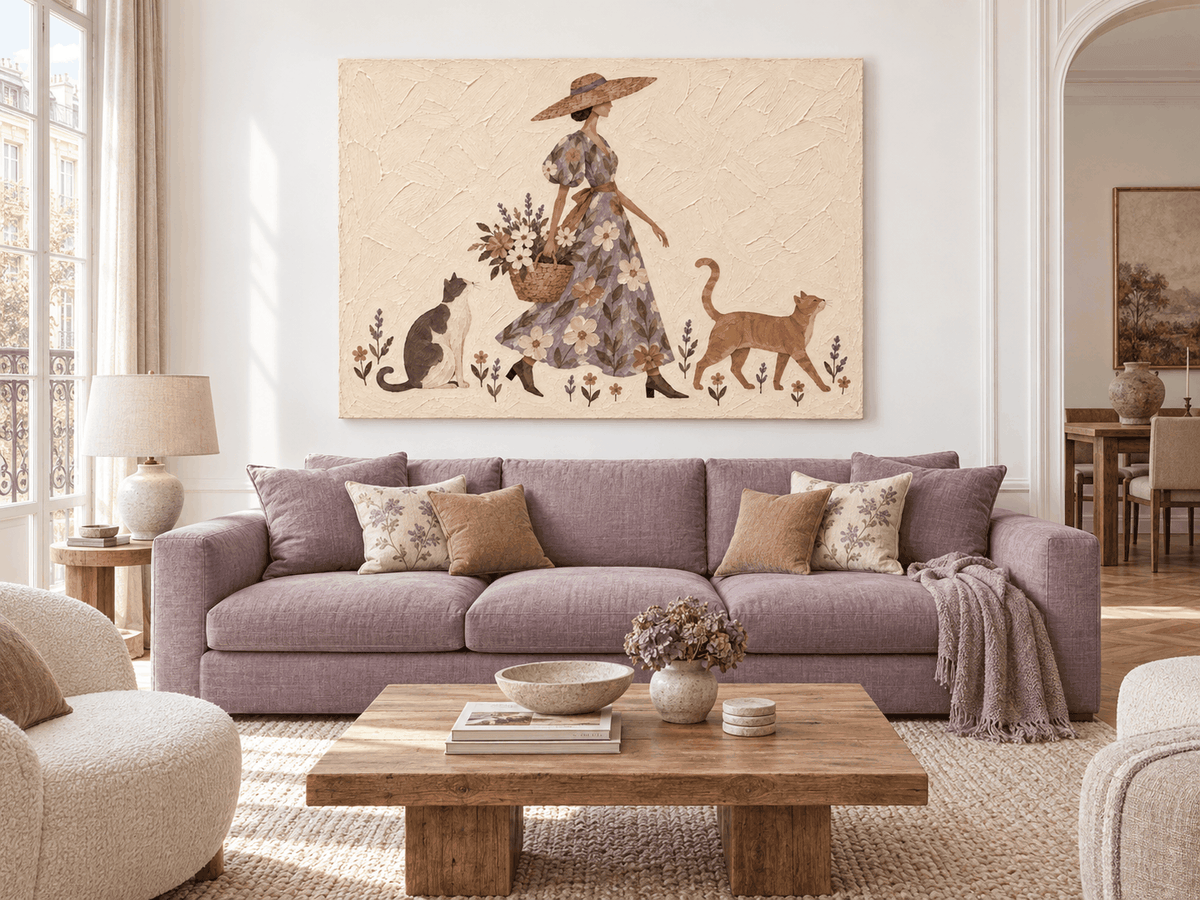 Hand-Painted Lady With Cats And Flowers Canvas Art In Beige And Purple