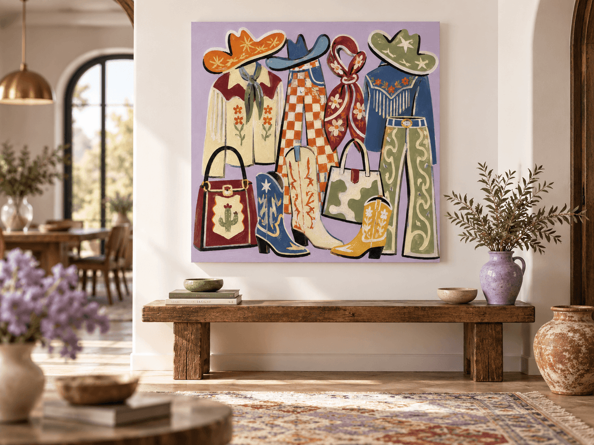 Vintage Pop Art Canvas Painting Of Cowboy Outfits In Purple Tone Handmade Original Wall Decor