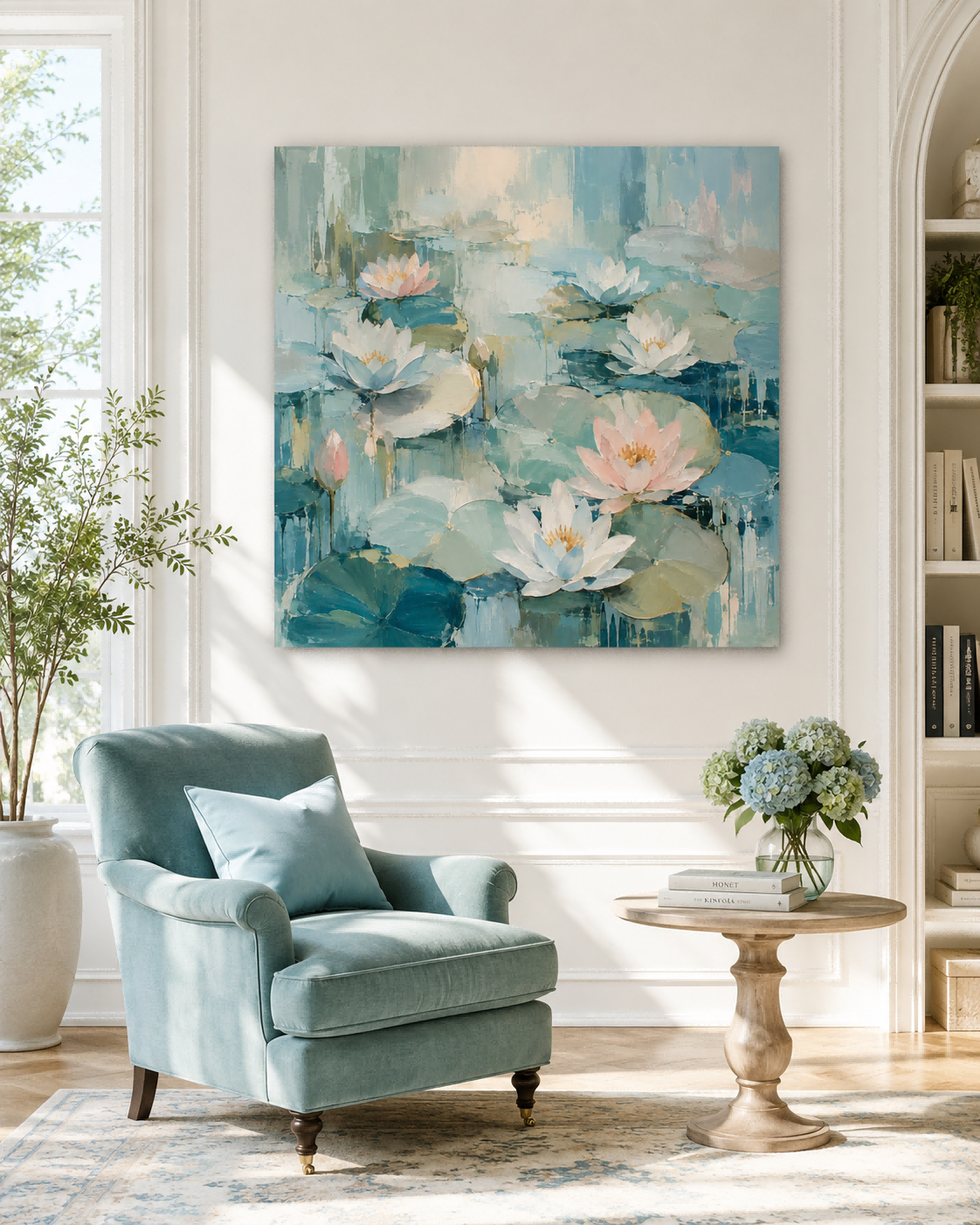 Hand-Painted Water Lilies Abstract Canvas Art With Blue And Pink Tones Hand-Painted Water Lilies Abstract Canvas Art With Blue And Pink Tones
