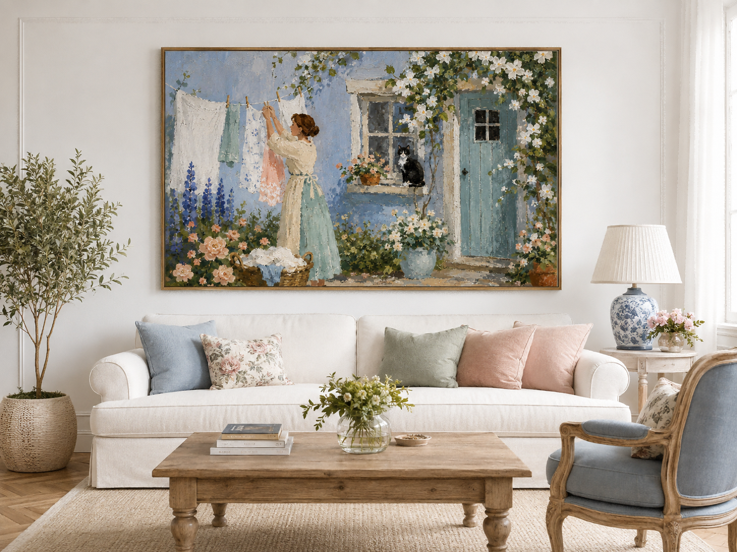 Woman Hanging Laundry With Cat In Blue Cottage Garden Hand-Painted Canvas Art