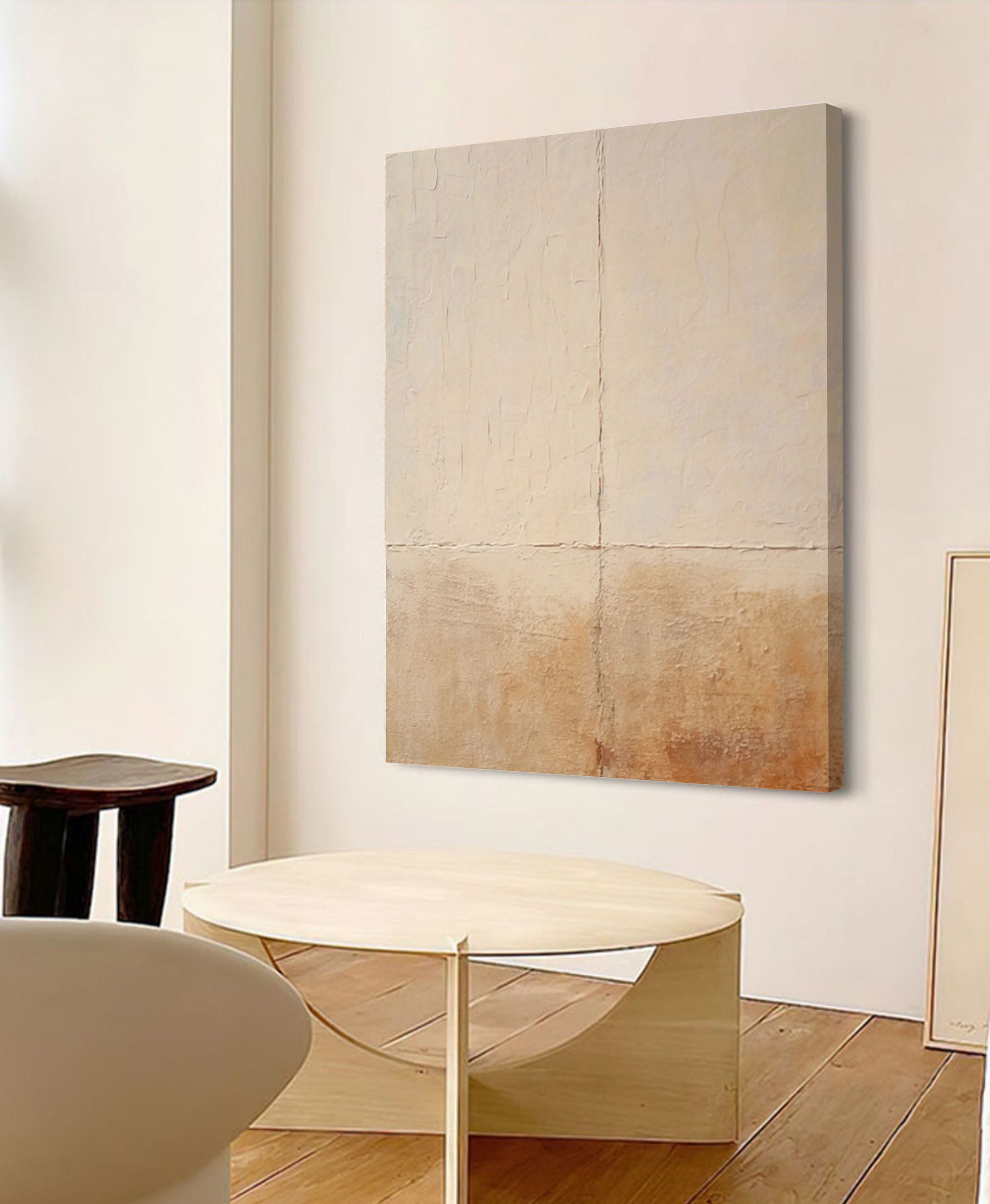 Original Beige and Yellow Minimalist Oil Painting Abstract Large Vintage Wall Art Home Decor