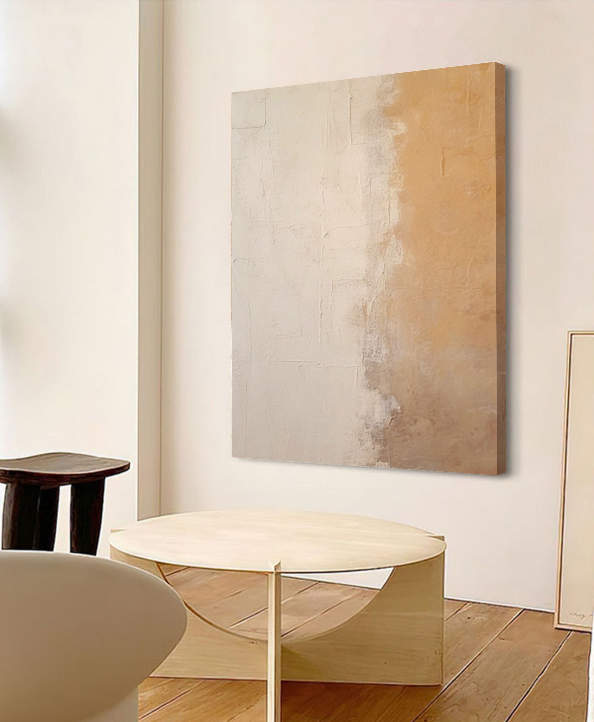 Large Beige Minimalist Wall Art Canvas With Frame Oil Painting Abstract Large vintage Oil Painting Home Decor