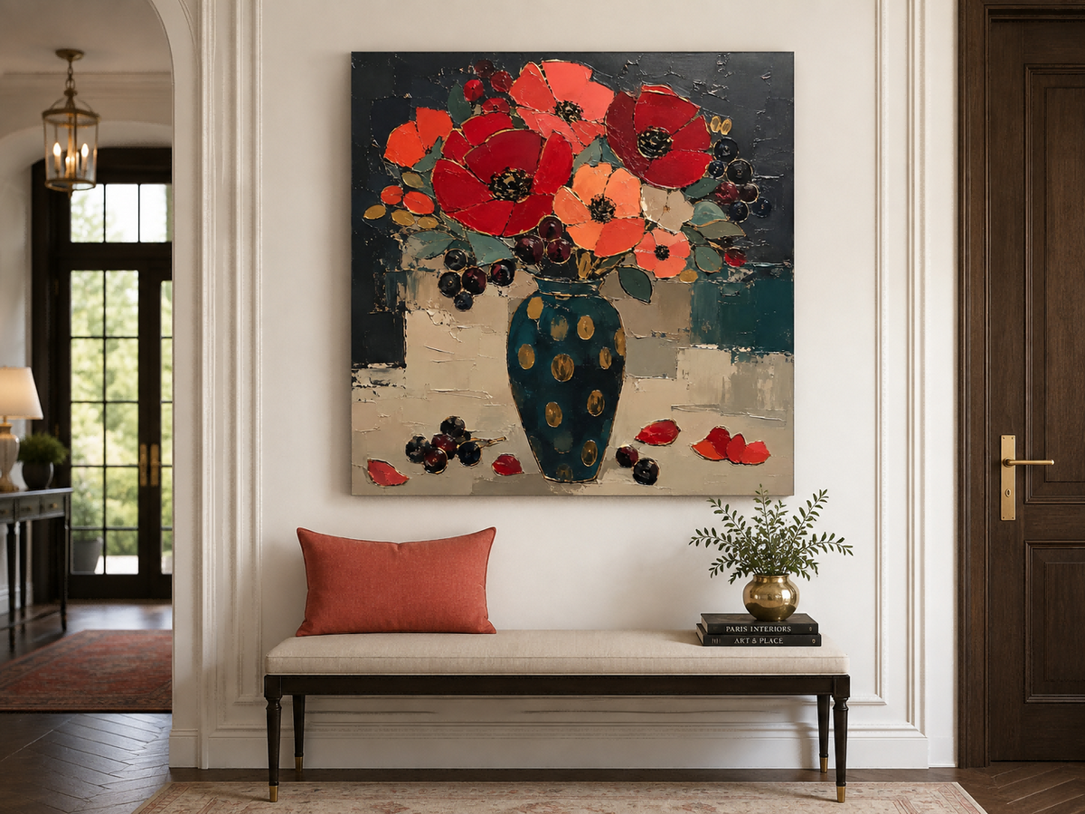 Hand-Painted Red Poppies And Teal Vase Abstract Floral Canvas Art With Gold Accents Abstract Expressionist Red Flower Painting With Impasto Technique And Vintage Charm